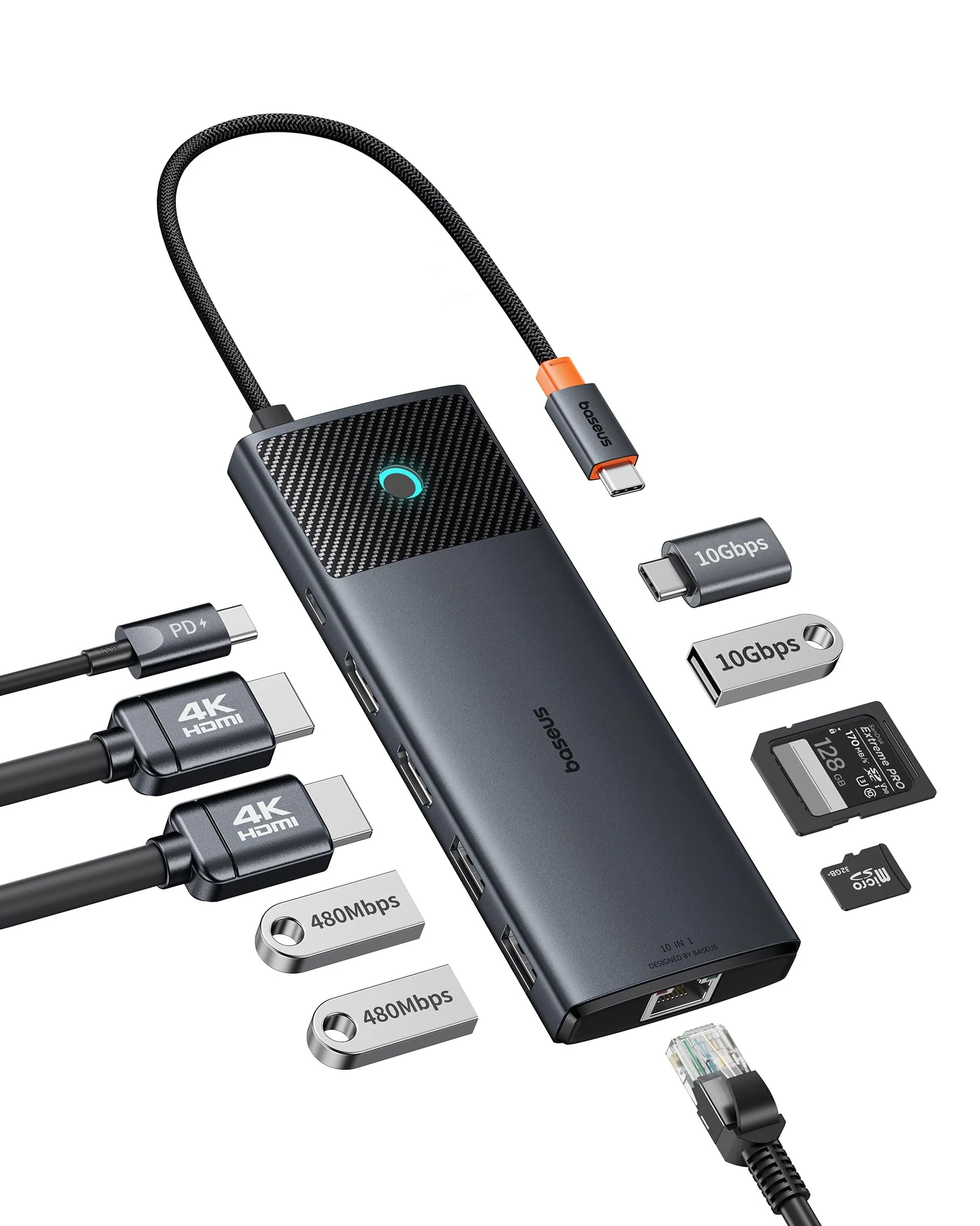 Baseus Docking Station Dual Monitor,10Gbps 10 in 1 Docking Station with 2 HDMI Single 4K@120Hz, Dual 4K@ 60Hz,10Gbps USB C and USB A, Gigabit Ethernet, PD 100W, SD/TF for iPhone 15/Mac/Dell/HP/Lenovo Black
