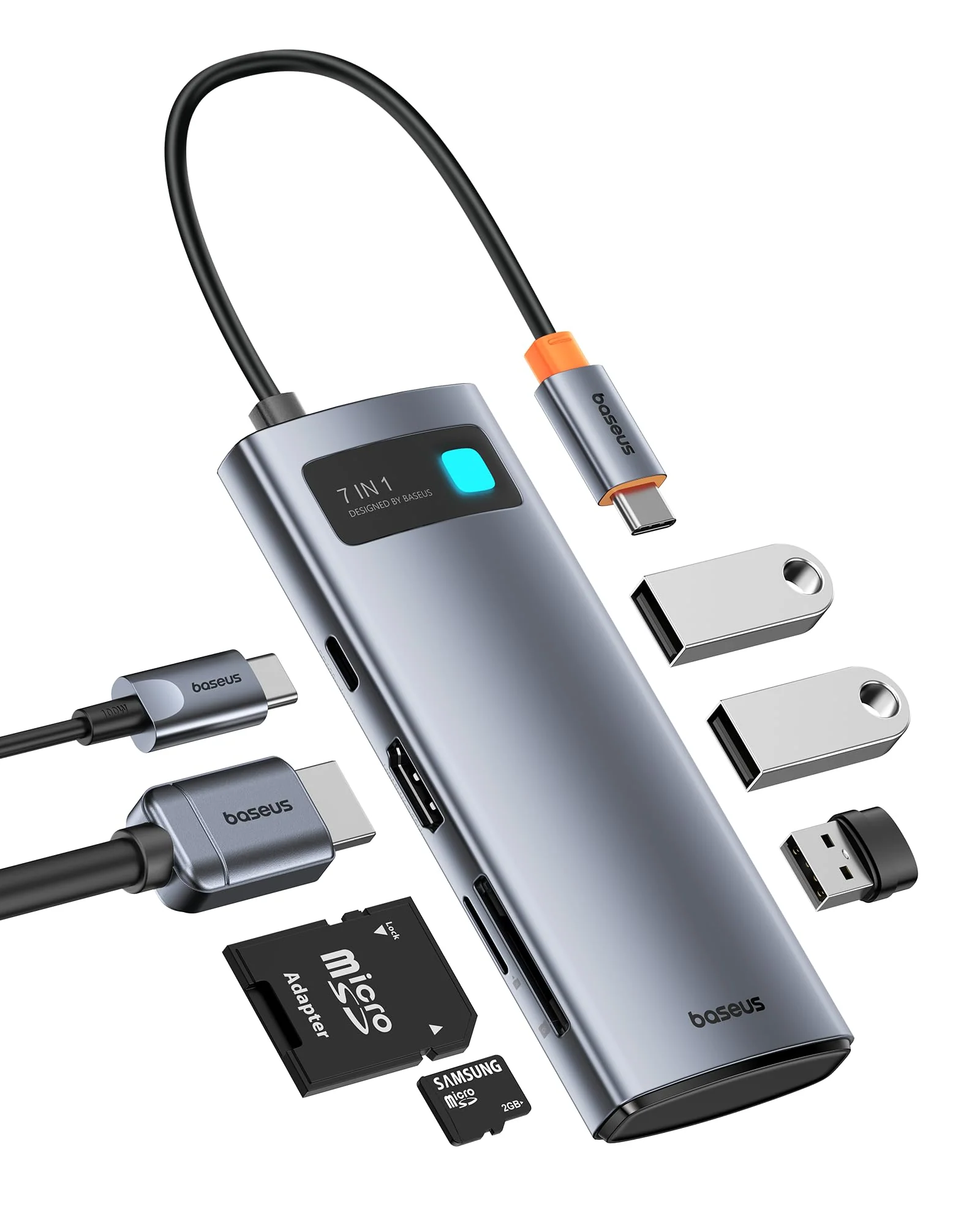 Baseus USB C Hub, 4K@60Hz HDMI USB C Docking Station, 7 in 1 USB Hub with 3 USB-A 5Gbps, PD 100W, TF/SD Card Reader, USB C Adapter Compatible for iPhone 15/Mac/Dell/Acer/HP/ASUS/Steam Deck/Rog Ally