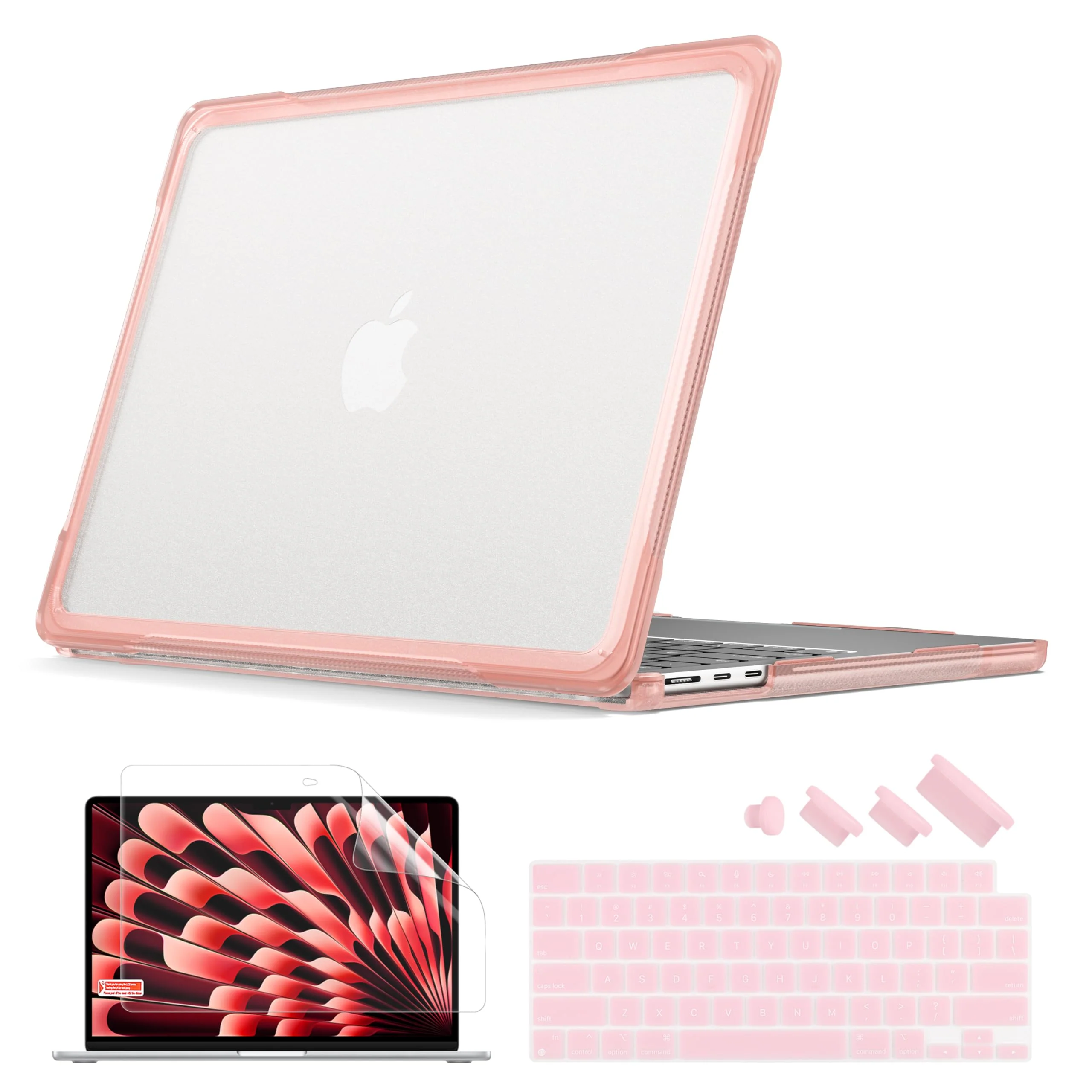 Batianda Ultimate Protection Case for M3 MacBook Air 13.6 inch 2022 2024 Model A2681 A3113 Matte Bling Transparent Surface Carbon Fiber Edges Shockproof Anti-Scratch and Anti-Fingerprint, Peach Pink