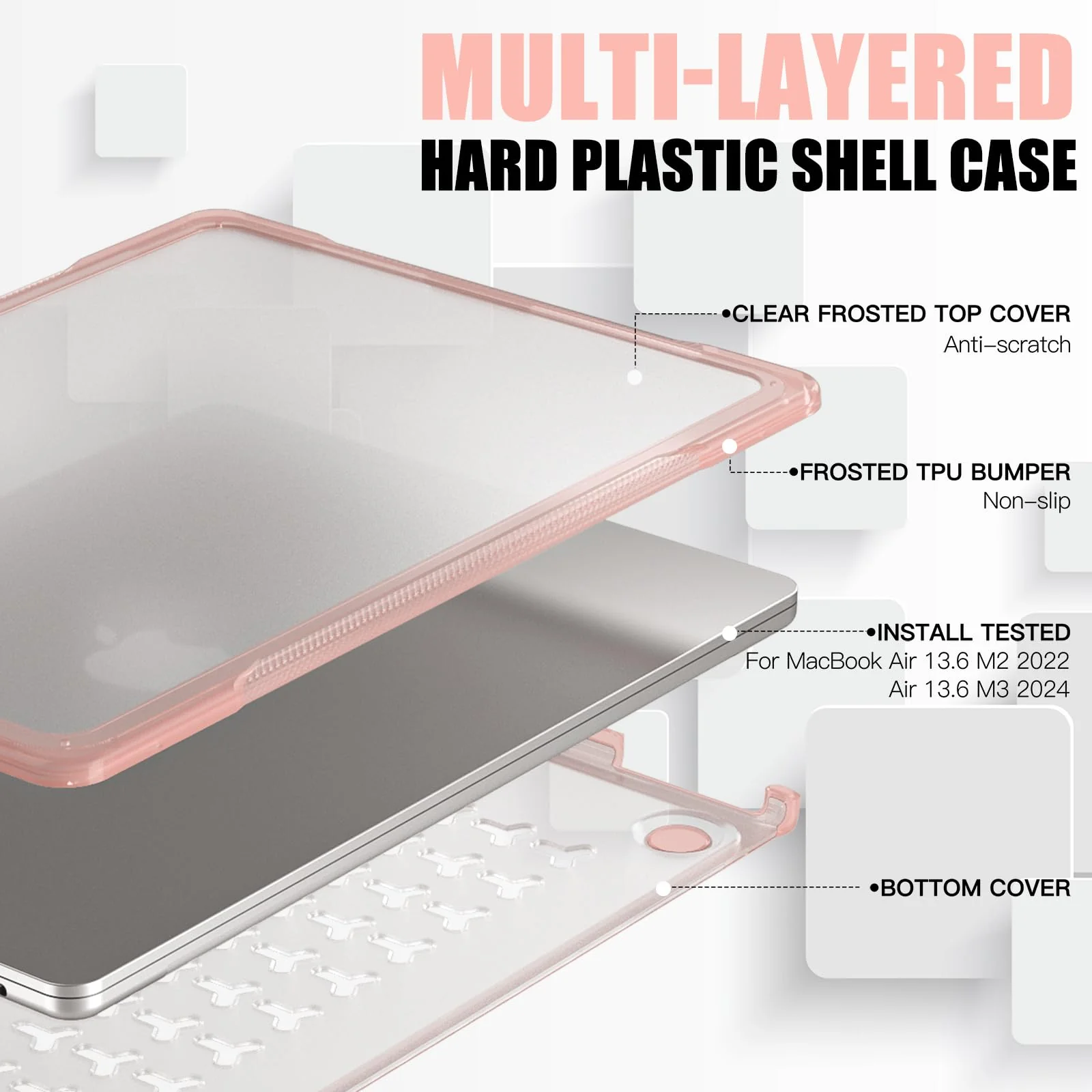 Batianda Ultimate Protection Case for M3 MacBook Air 13.6 inch 2022 2024 Model A2681 A3113 Matte Bling Transparent Surface Carbon Fiber Edges Shockproof Anti-Scratch and Anti-Fingerprint, Peach Pink - Image 4