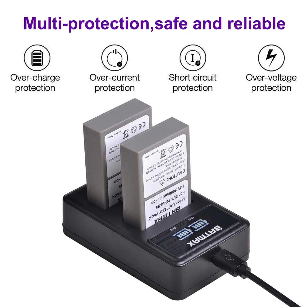Batmax 2000mAh 2Pcs BLS-5 BLS-50 PS-BLS5 Battery + LED Dual USB Charger for Olympus BLS-5 E-PL2,E-PL5,E-PL6,E-PL7,E-PL8, E-PL9, E-PL10,E-PM2,OM-D E-M10,E-M10 Mark II,III,E-M10 IV,Stylus1 Cameras - Image 4