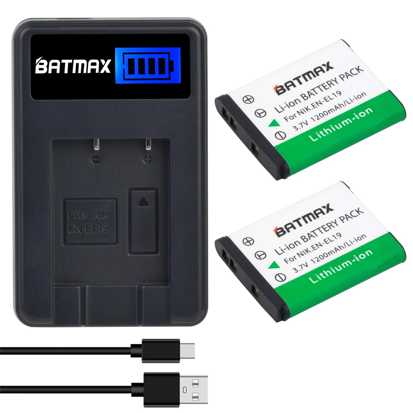 Batmax 2X EN-EL19 NP-BJ1 Battery + Quick LCD Charger for Nikon Coolpix A100, A300, S33, S100, S2600, S2700, S2750, S2800, S3100, S3300, S3400,S4100,S6700, S6800, S6900 and Sony NP-BJ1, NPBJ1 Cameras