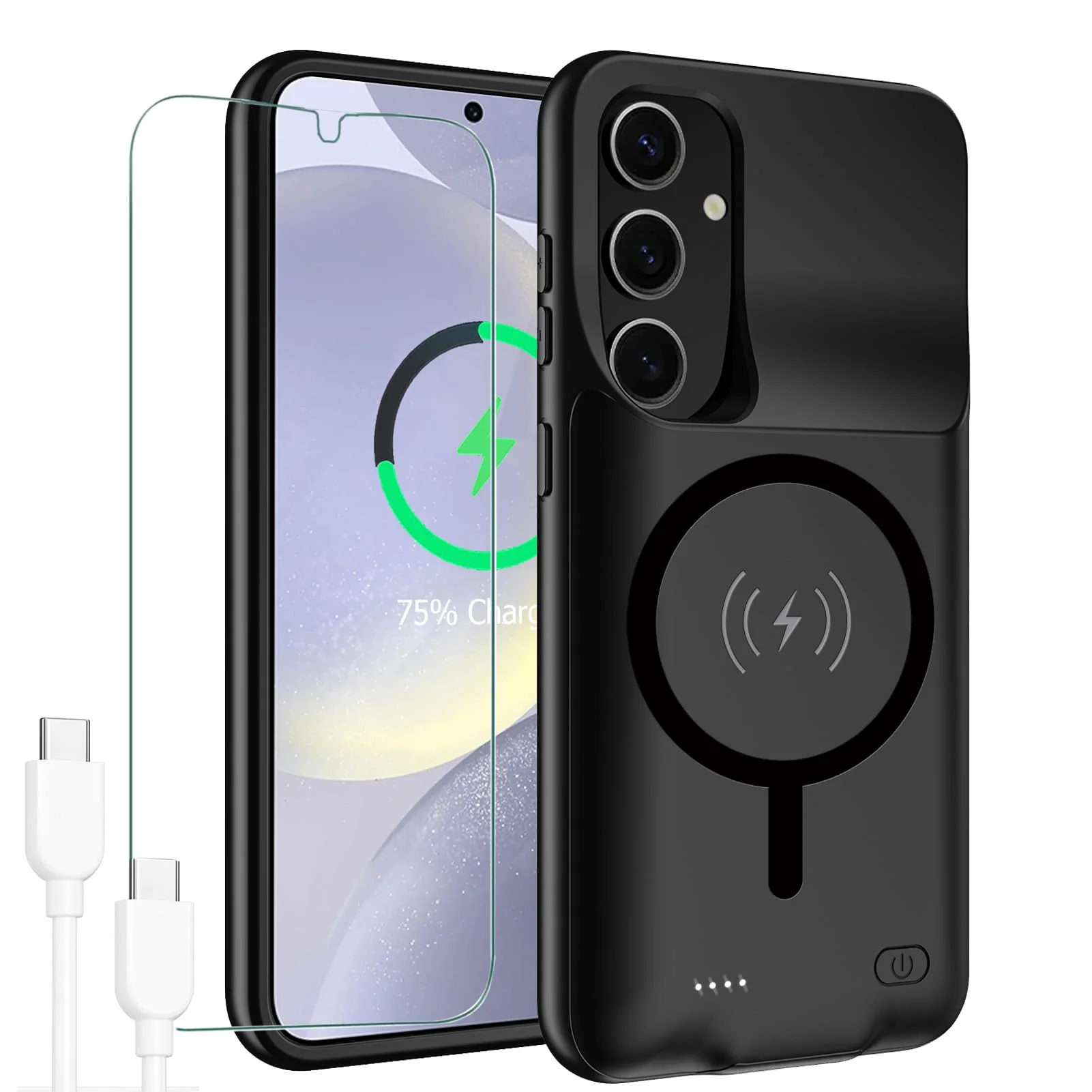 Battery Case for Galaxy S24, [10000mAh] High Capacity Rechargeable Portable Protective Extended Charger Cover Compatible with Galaxy S24 (6.2 inch) Wireless Charging Case with Screen Protector-Black