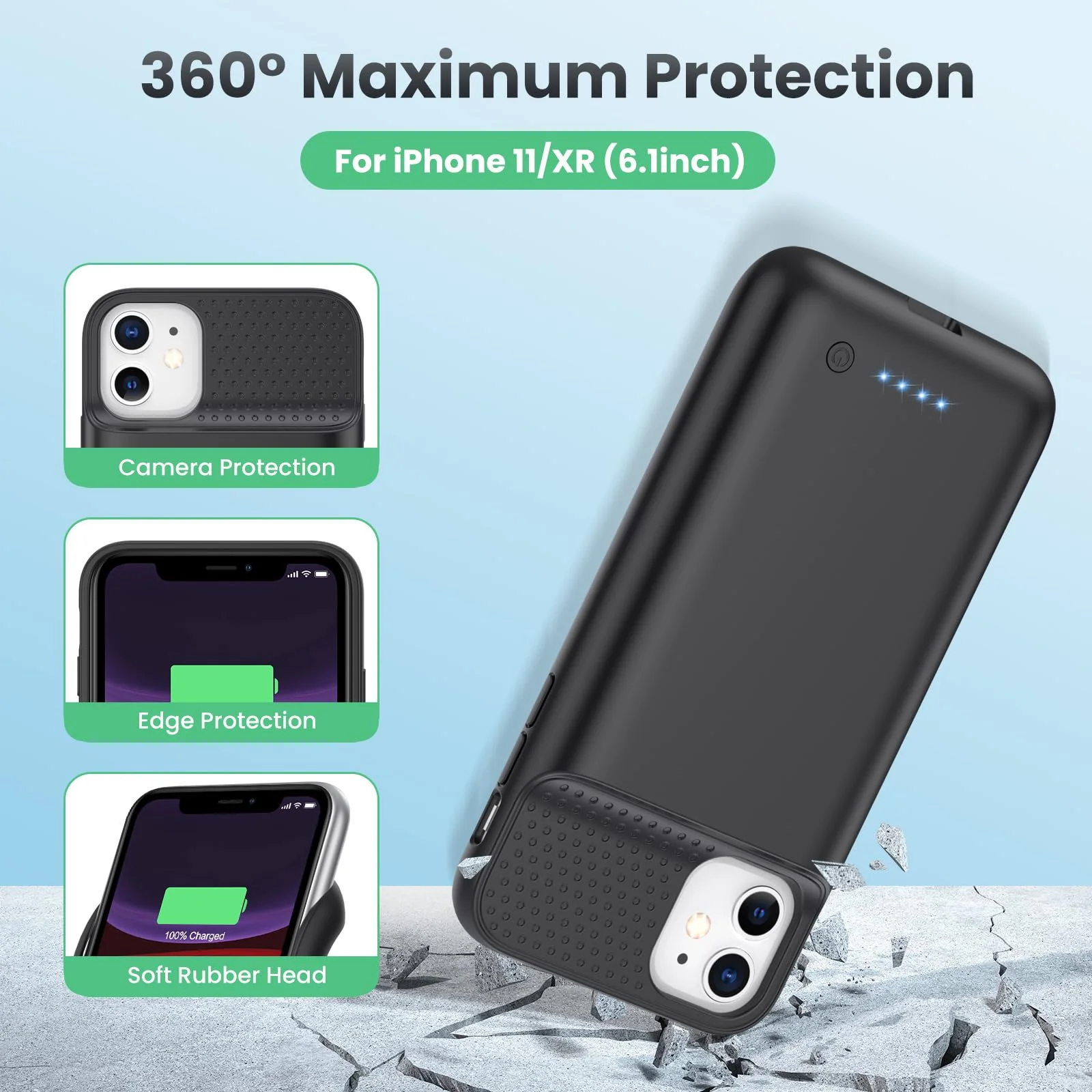 Battery Case for iPhone 11/XR (6.1inch),Upgraded 7500mAh Slim Portable Charger Case Cover,External Battery Pack Charging Case with Tempered-Glass Screen Protector for iPhone 11/iPhone XR (Black) Black - Image 3