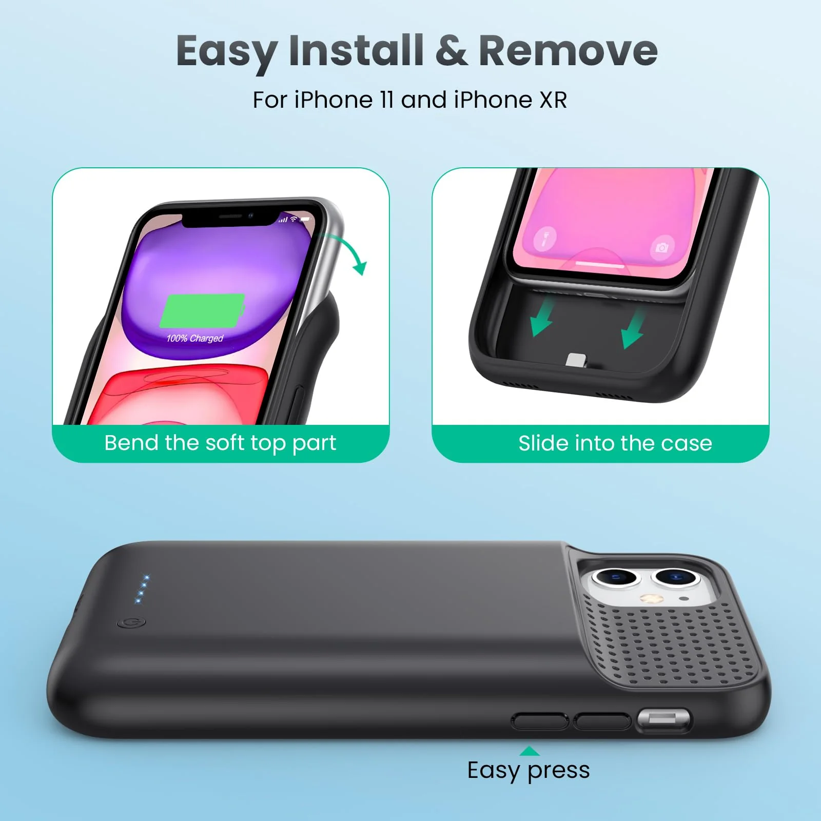 Battery Case for iPhone 11/XR (6.1inch),Upgraded 7500mAh Slim Portable Charger Case Cover,External Battery Pack Charging Case with Tempered-Glass Screen Protector for iPhone 11/iPhone XR (Black) Black - Image 6