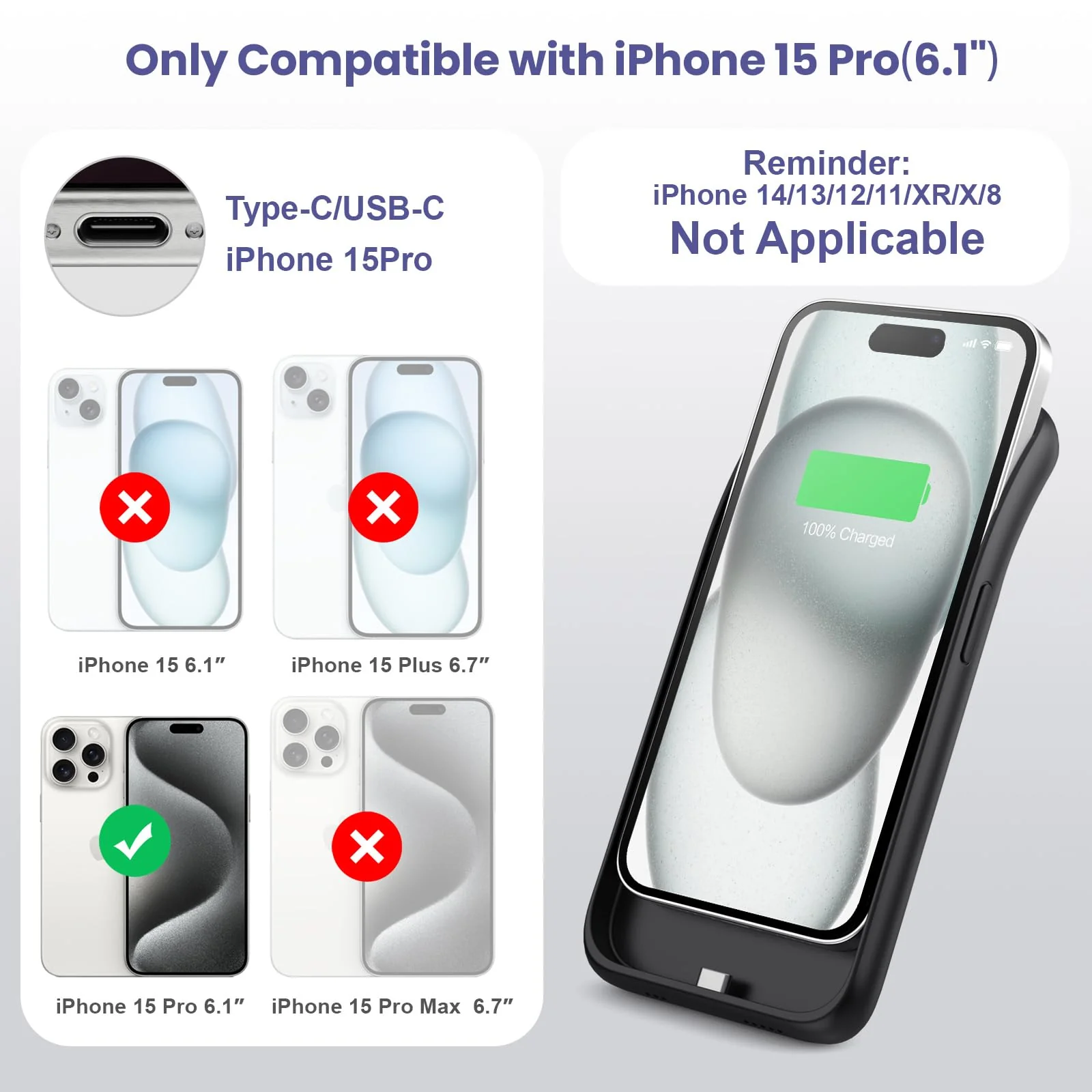 Battery Case for iPhone 15Pro (6.1Inch), Real 7500mAh Ultra Slim Portable & 15W Fast Charging, Rechargeable Protective Extended Charger Case Cover Only for iPhone 15Pro Charging Case-Black Black - Image 2
