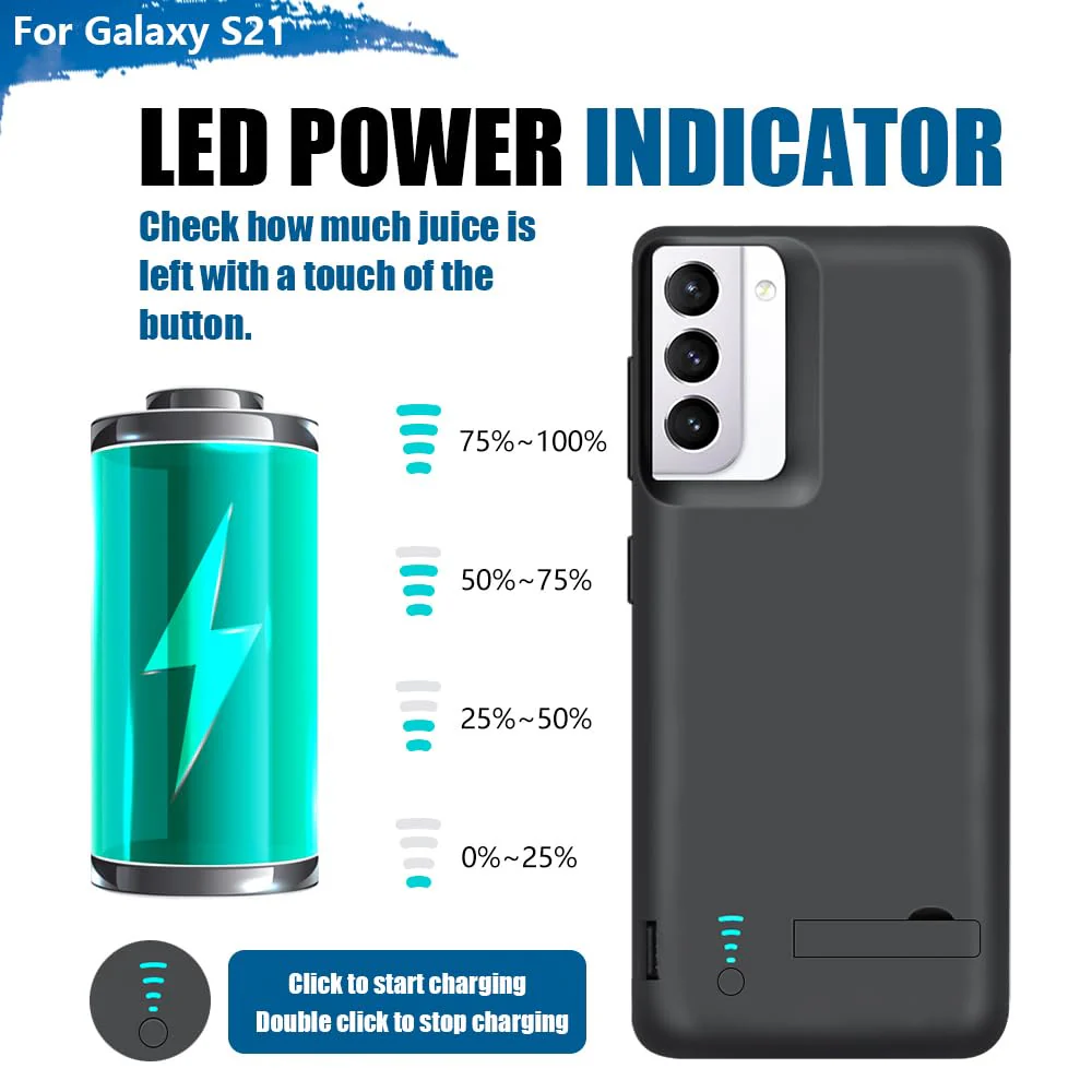 Battery Case for Samsung Galaxy S21 5G, 4800mAh Rechargeable Extended Battery Charging Charger Case, Add 100% Extra Juice, Not for S21+ or S21 Ultra (6.2 inch) Black - Image 5