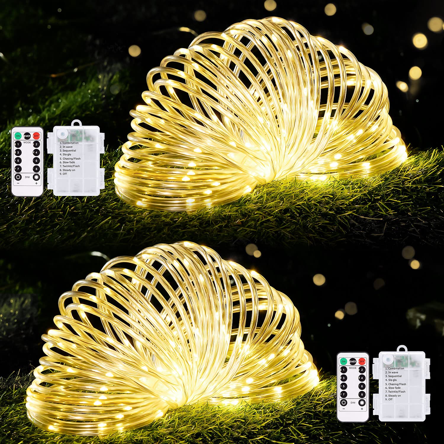 Battery Operated Rope Lights Outdoor Waterproof, 2 Pack Total 200 LED 66Ft Battery Powered String Lights, 8 Modes Christmas Lights for Party Garden Walkway Patio Decorations (Warm White) Warm White