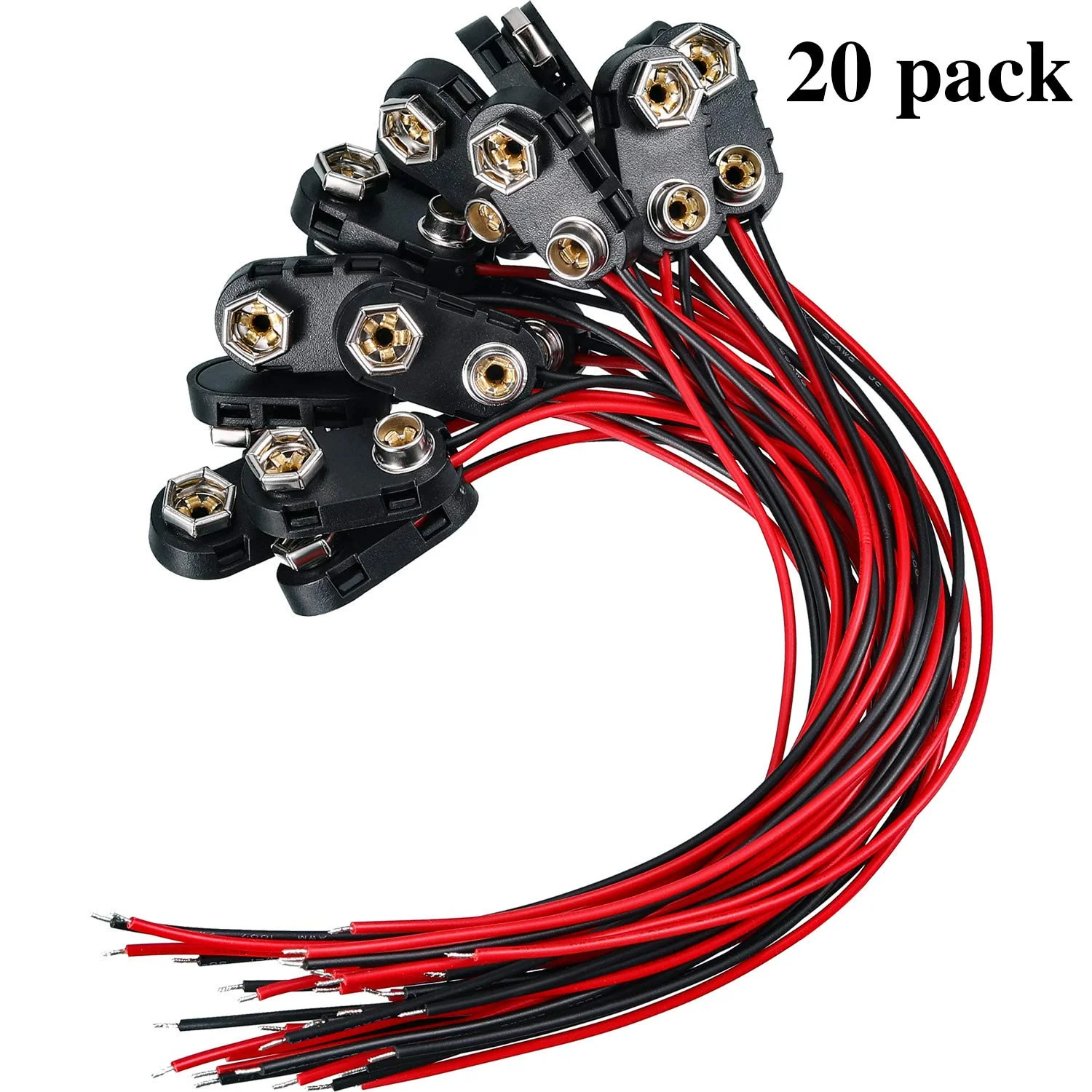 BBTO 20 Pack 9 V Battery Clip Connector Long Cable Connection Hard Shell Black Red Connector (I Type) - Image 2