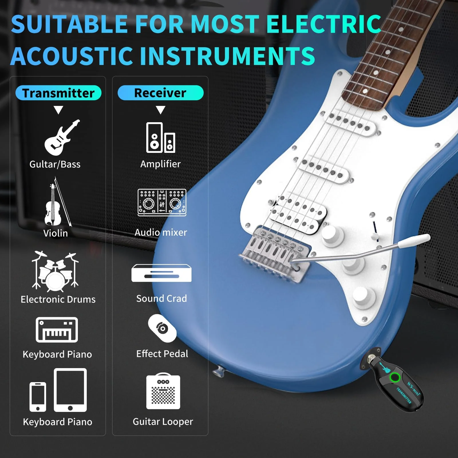 BEEONE 2.4GHz Mini Wireless Guitar System with 4 Channels,Rechargeable Audio Wireless Guitar Transmitter Receiver for Guitar Bass Electric Instruments with Portable Case (Black) Black - Image 2