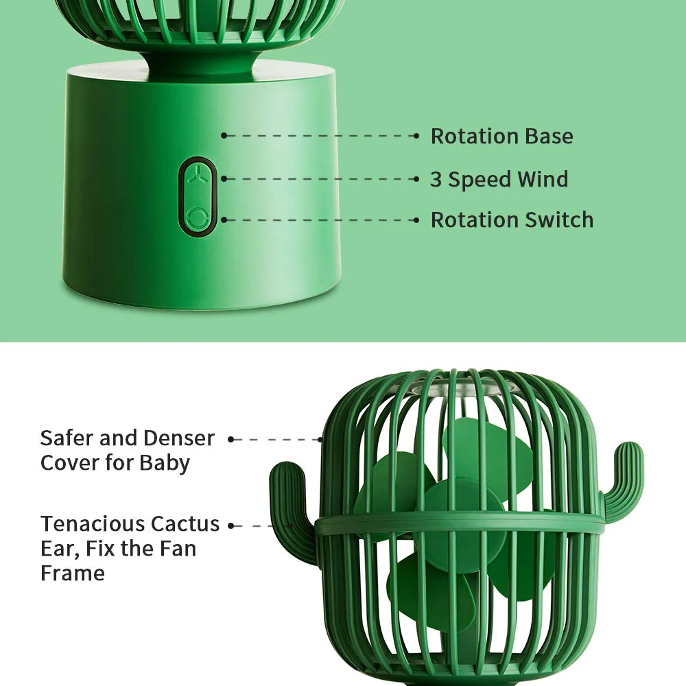 BEISHIDA Personal Fan Small Desktop USB Desk Fan, Cactus Mini Handheld Table 80 Degree Auto Rotation Portable Fans, 3 Speeds Strong Wind, Quiet Operation Fan for Room Home Office Outdoor Travel Green - Image 8