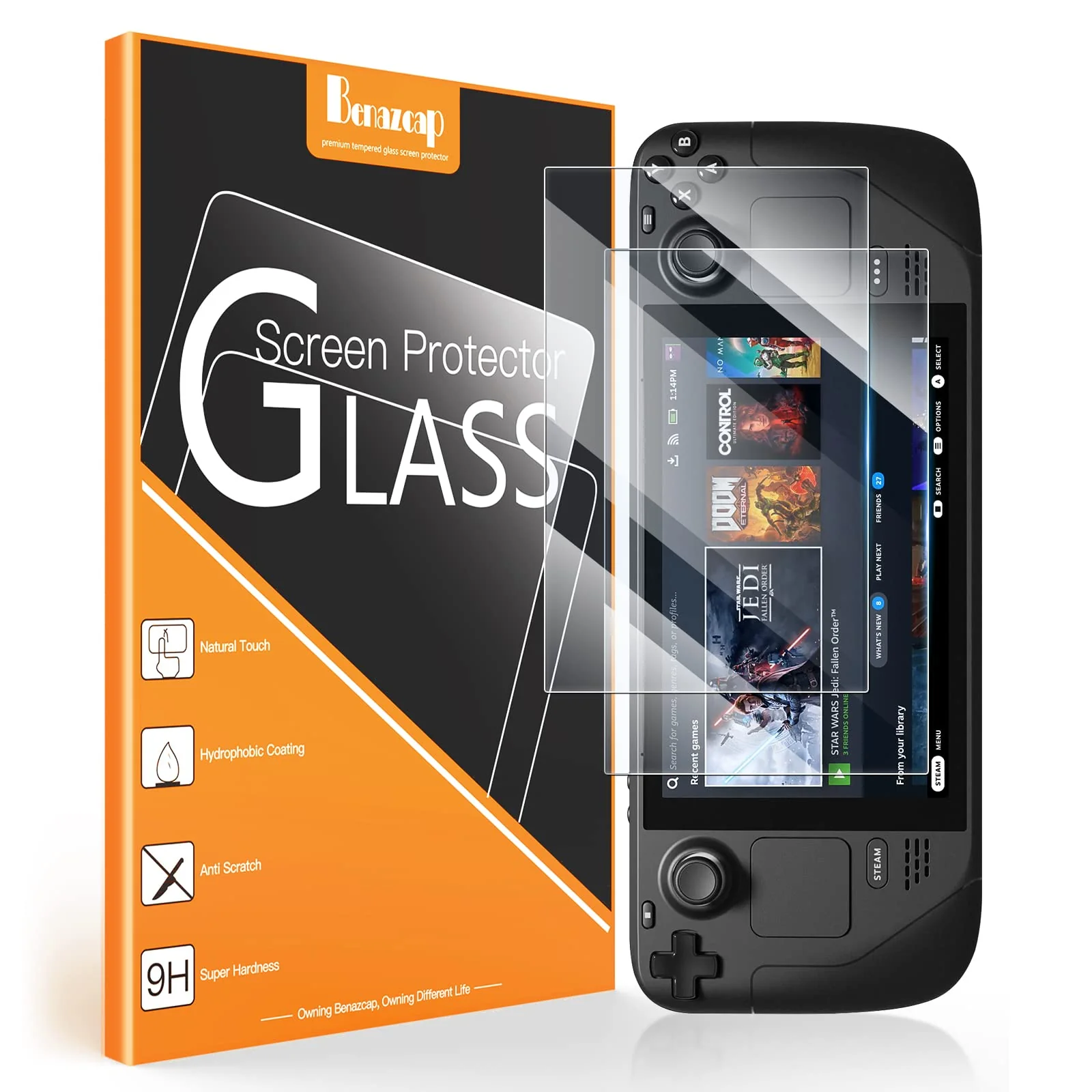 Benazcap [2 Pack for Steam Deck/Steam Deck Oled Screen Protector, Tempered Glass Easy Installation/Anti-Scratch/High Definition/9H Hardness for Valve Steam Deck 7” 2021/ Steam Deck OLED 7.4“ 2023