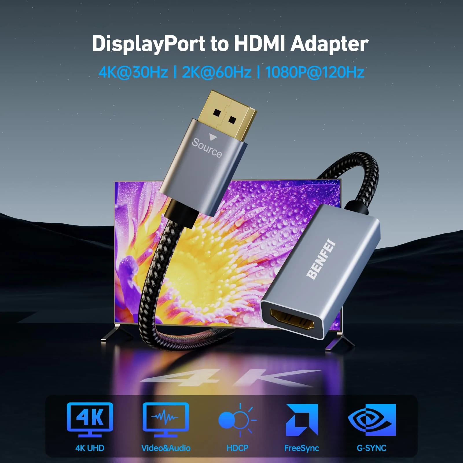 BENFEI 4K DisplayPort to HDMI Adapter Cable, (2K 60Hz, 1080p 120Hz) Uni-Directional Display Port to HDMI Monitor Converter Compatible for HP, Dell, GPU, AMD, NVIDIA, More. Male to Female 1 Grey - Image 2