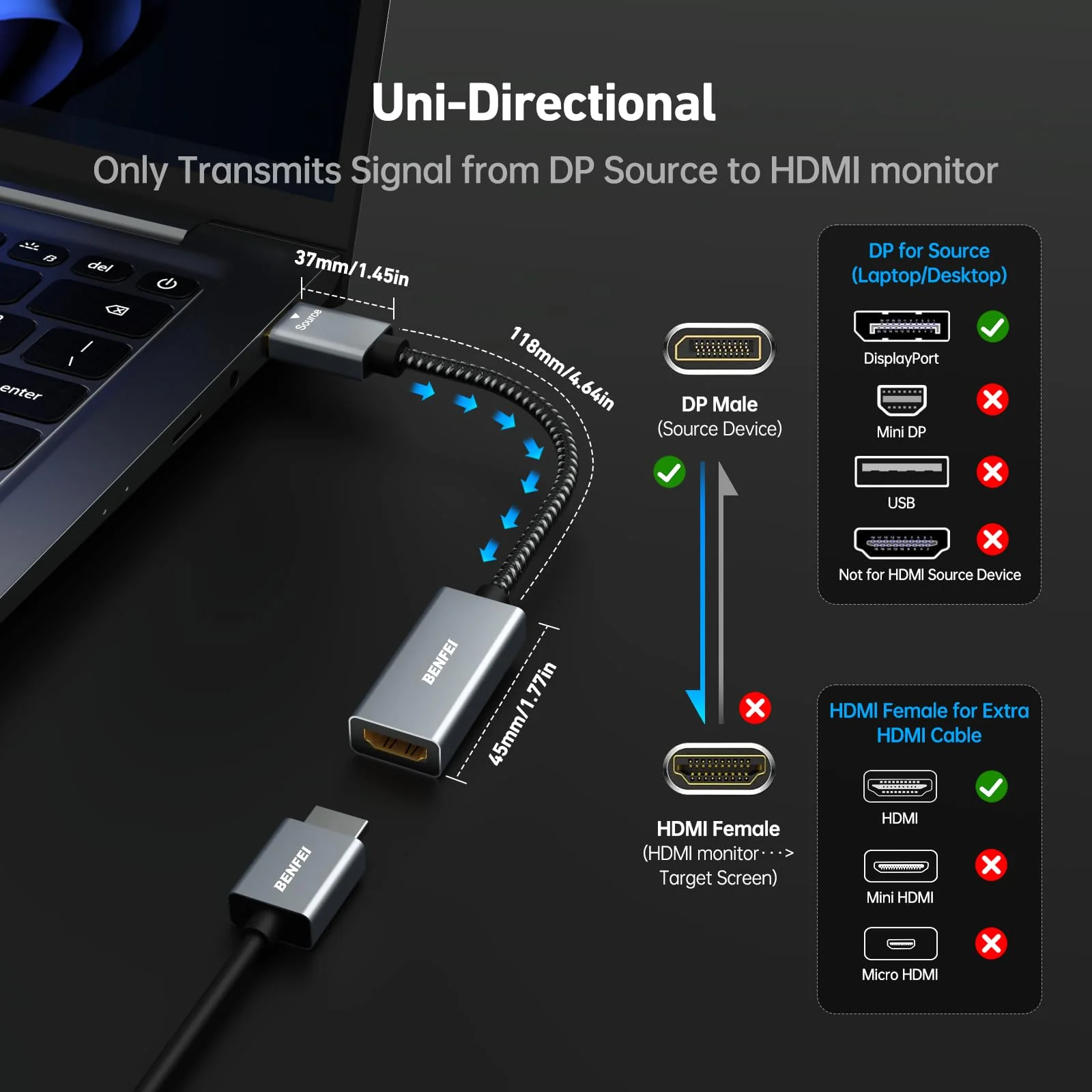 BENFEI 4K DisplayPort to HDMI Adapter Cable, (2K 60Hz, 1080p 120Hz) Uni-Directional Display Port to HDMI Monitor Converter Compatible for HP, Dell, GPU, AMD, NVIDIA, More. Male to Female 1 Grey - Image 3