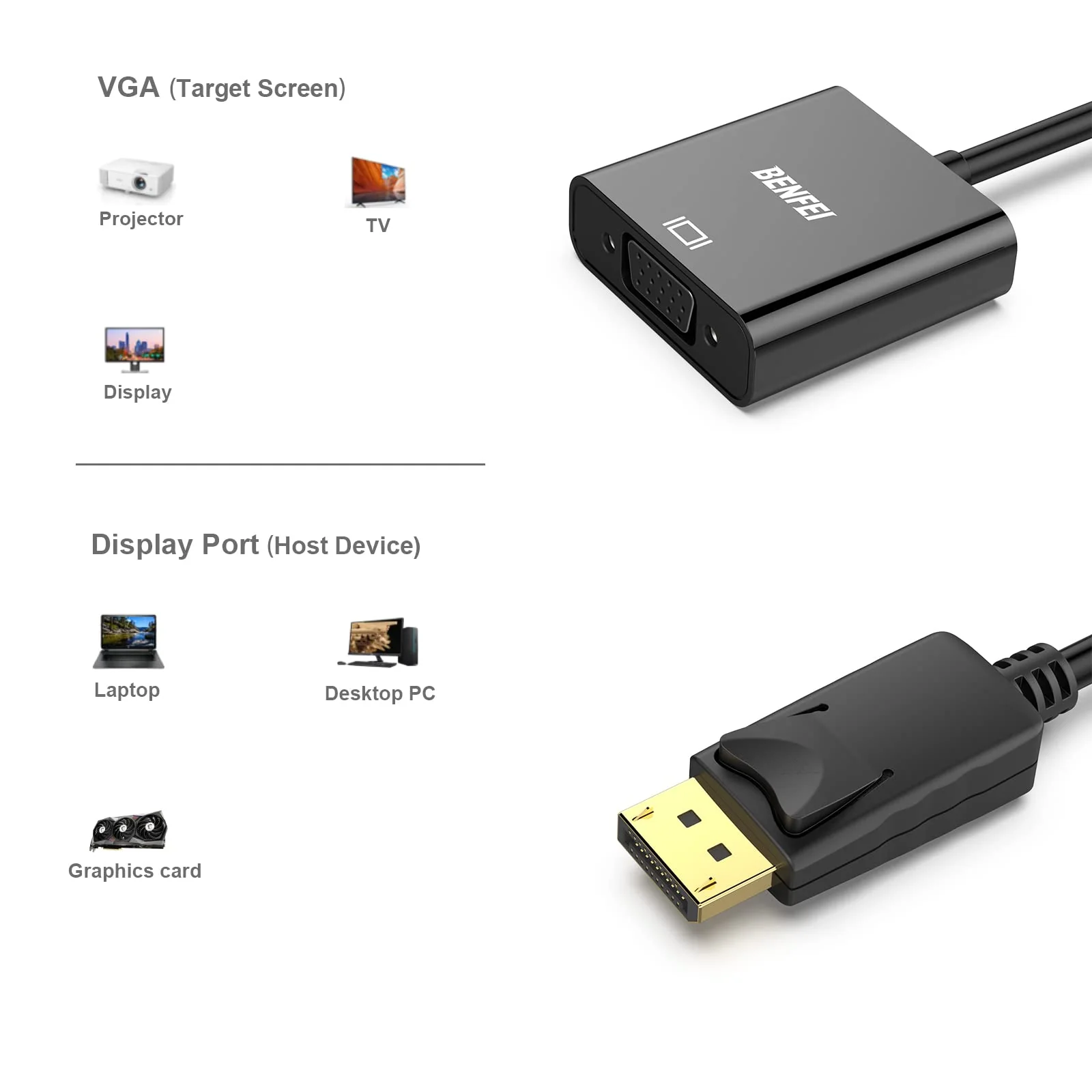 BENFEI DisplayPort to VGA 2 Pack,Gold-Plated Uni-Directional DP Computer to VGA Screen Adapter 1080P (Male to Female) Compatible for Lenovo, Dell, HP, ASUS - Image 3