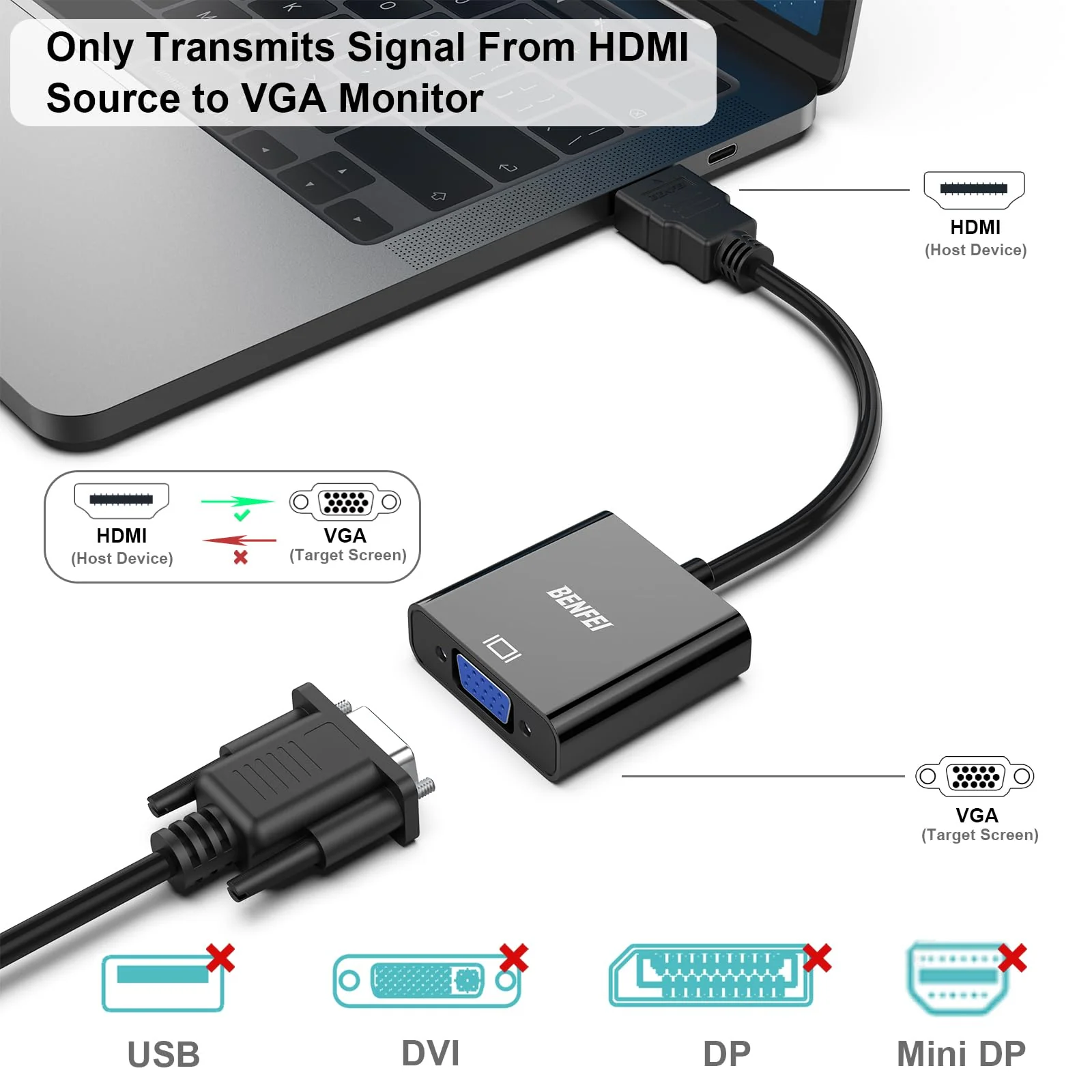 BENFEI HDMI to VGA, 5 Pack, Gold-Plated HDMI to VGA Adapter (Male to Female) for Computer, Desktop, Laptop, PC, Monitor, Projector, HDTV, Chromebook, Raspberry Pi, Roku, Xbox and More - Black - Image 2