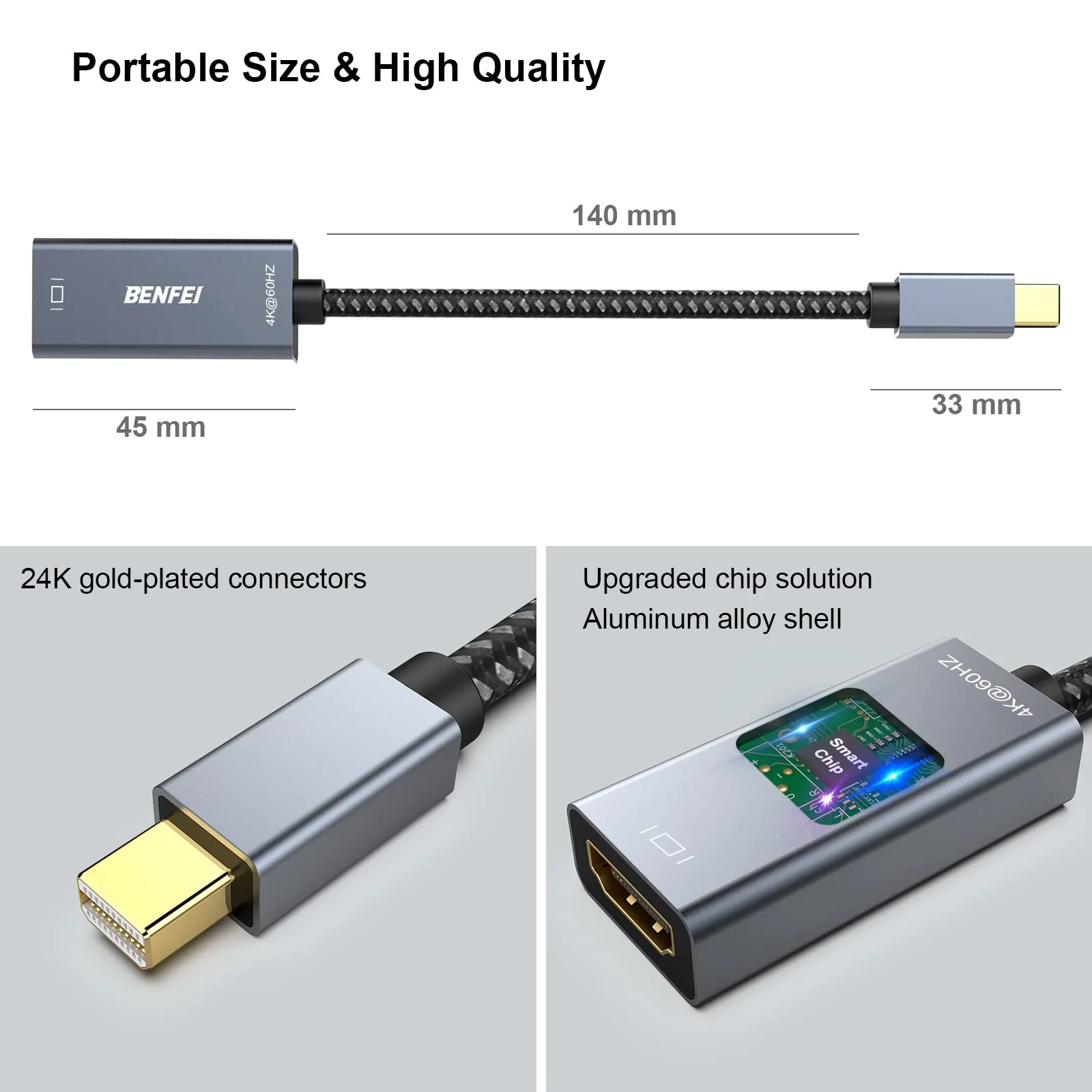 BENFEI Mini DisplayPort(Thunderbolt) to HDMI Adapter 4K@60Hz, Compatible with MacBook Air 2010-2017, MacBook Pro 2010-2015,Mac Mini 2010-2014, Surface pro 1/2/3/4[Aluminium Shell&Nylon Cable] 1 Pack - Image 6