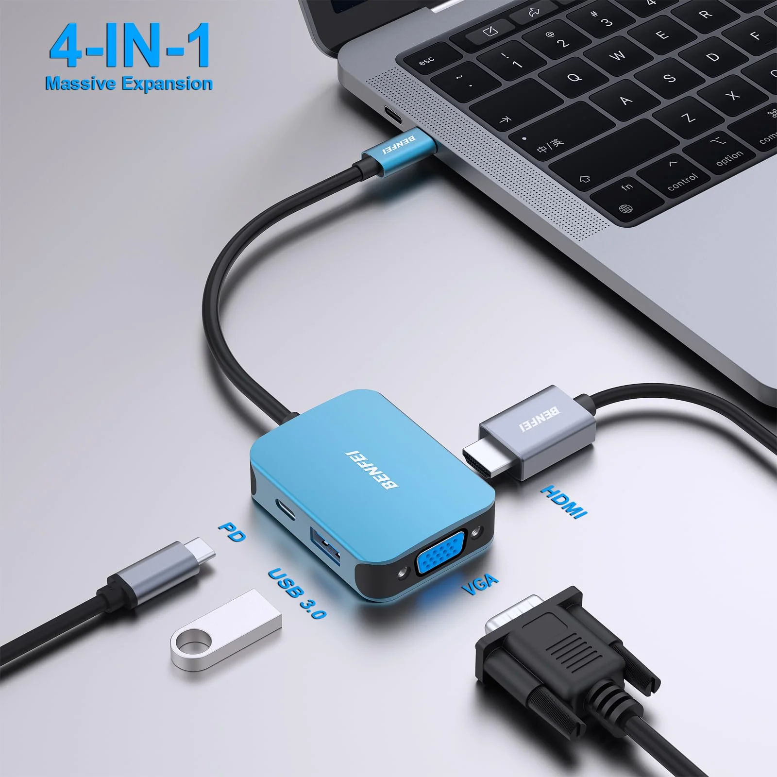 BENFEI USB C HUB 4in1, USB Type-C to HDMI VGA Adapter, USB C to USB Adapter, USB Type-C Power Delivery, Compatible with iPhone 15 Pro/Max, MacBook Pro/Air 2023, iPad Pro, iMac, S23, XPS 17 1 Blue - Image 2