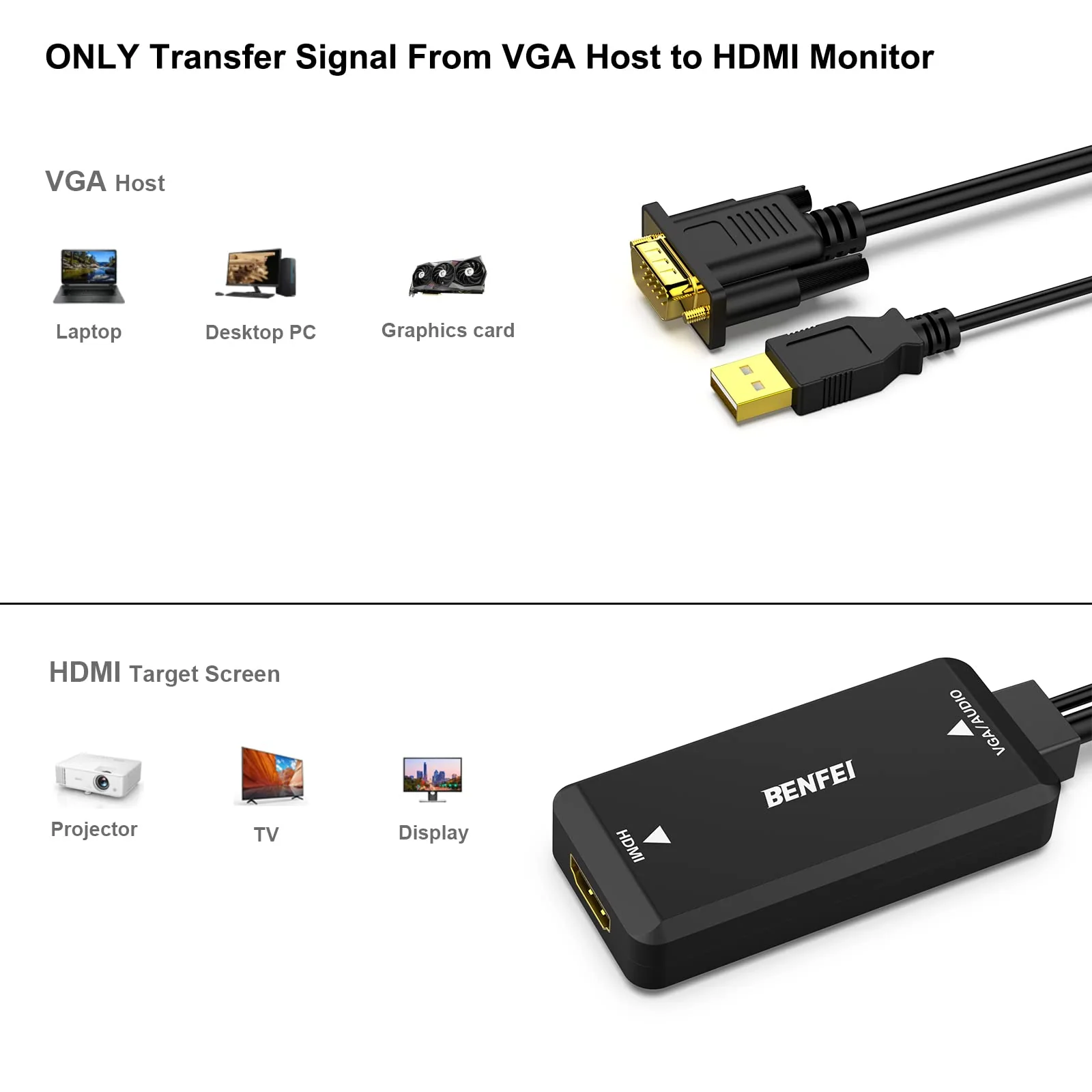 BENFEI VGA to HDMI Adapter, 1080P Converter with Audio from Computer/Laptop VGA Source to HDMI TV/Monitor 1pack VGA Source to HDMI Monitor - Image 3
