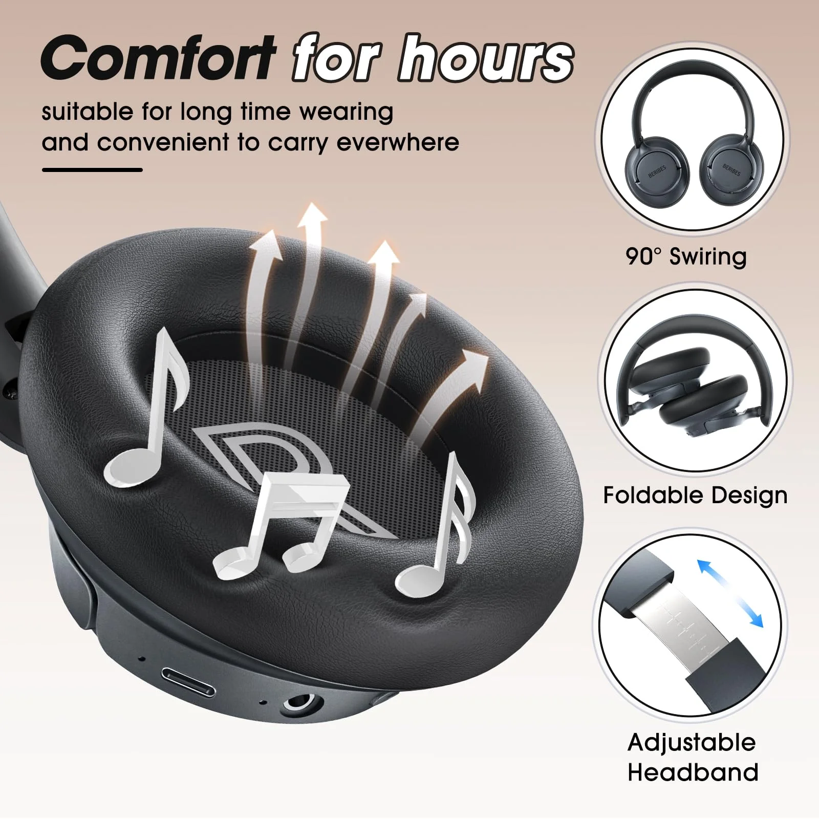 BERIBES Upgraded Hybrid Active Noise Cancelling Headphones with Transparent Modes,70H Playtime Bluetooth Headphones Wireless Bluetooth with Mic, Deep Bass,3.5MM Cable,Soft-Earpads,Fast Charging-Black Black - Image 2