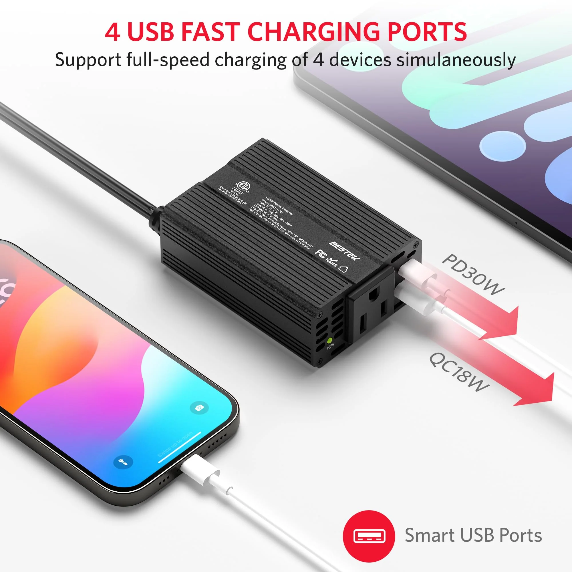 BESTEK 150W Car Power Inverter, DC 12V to 110V AC Converter PD 30W QC 3.0 18W USB Charger Laptop Car Charger Outlet Power Adapter for Car - Image 2