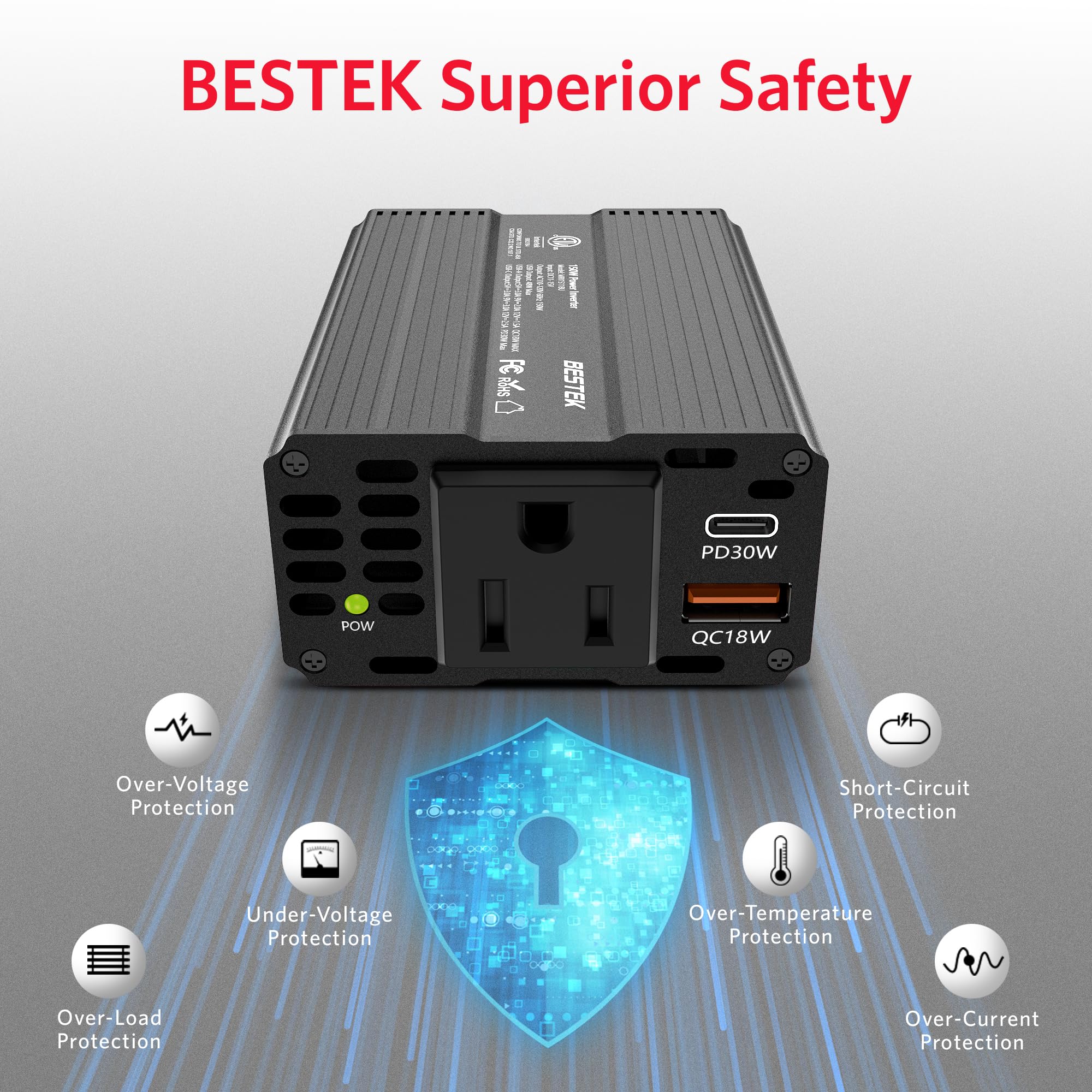 BESTEK 150W Car Power Inverter, DC 12V to 110V AC Converter PD 30W QC 3.0 18W USB Charger Laptop Car Charger Outlet Power Adapter for Car - Image 4
