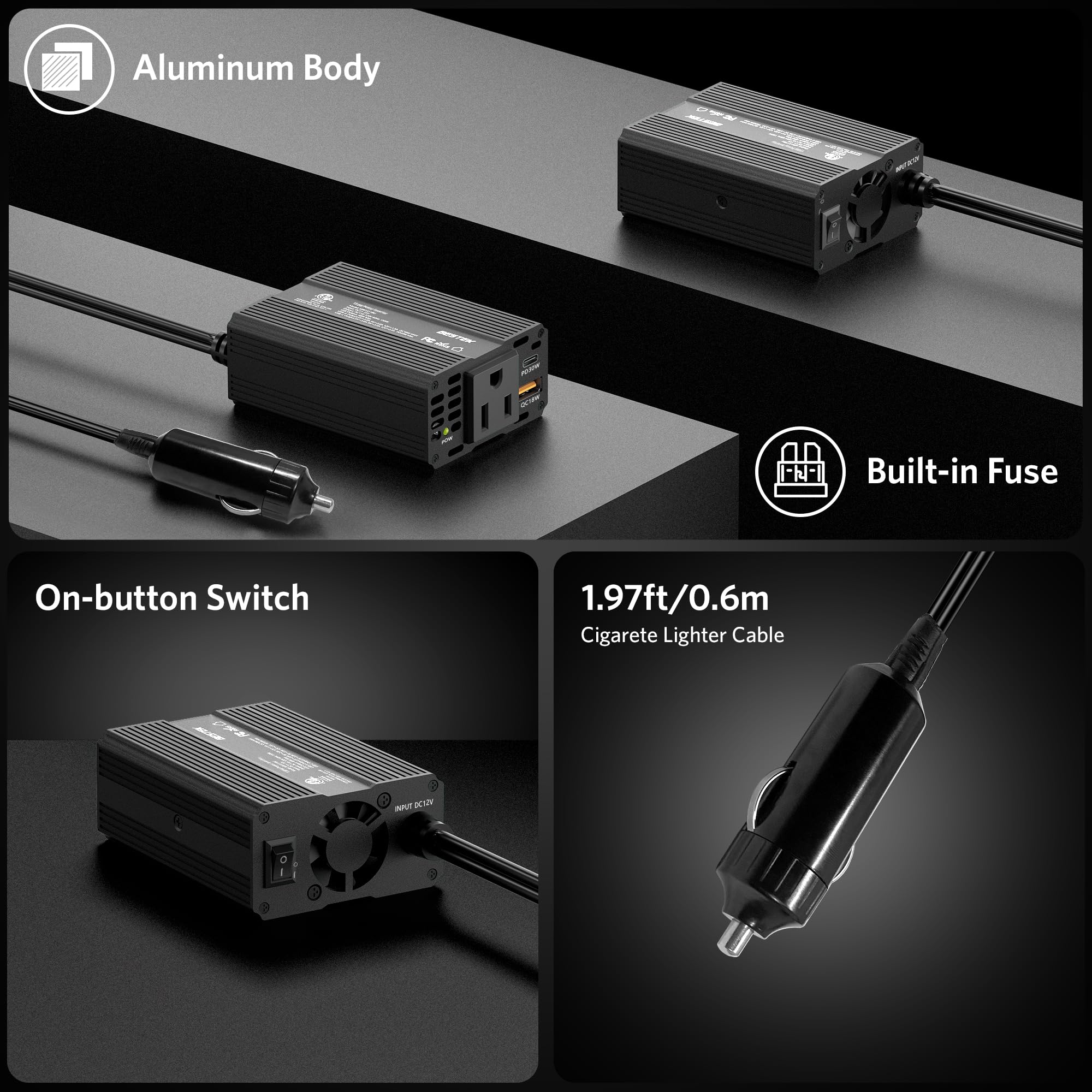 BESTEK 150W Car Power Inverter, DC 12V to 110V AC Converter PD 30W QC 3.0 18W USB Charger Laptop Car Charger Outlet Power Adapter for Car - Image 5