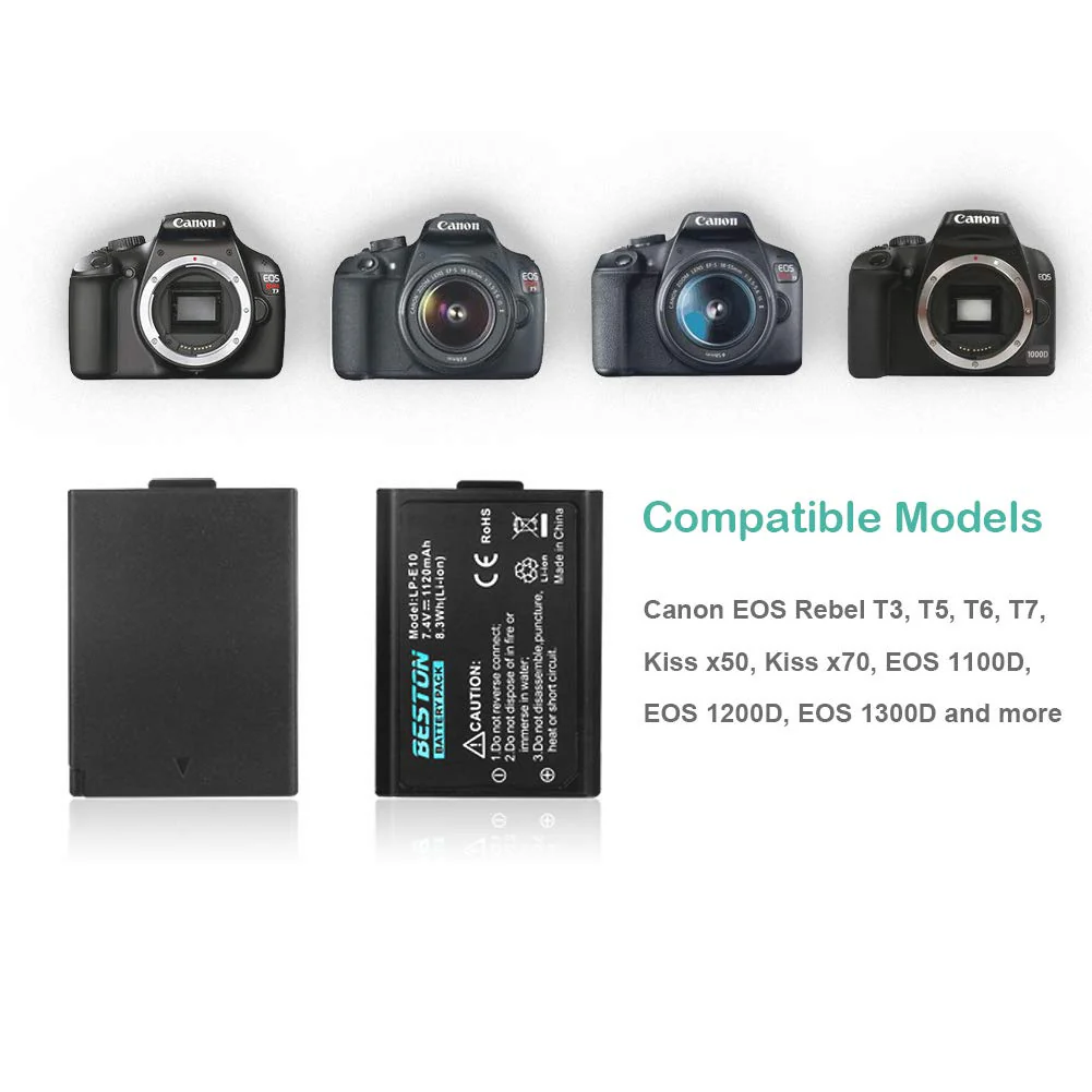 BESTON LP-E10 Battery and Charger for Canon EOS Rebel T7 T6 T5 T3 T100 1100D 1200D 1300D 2000D 4000D DSLR Camera (2-Pack) - Image 3