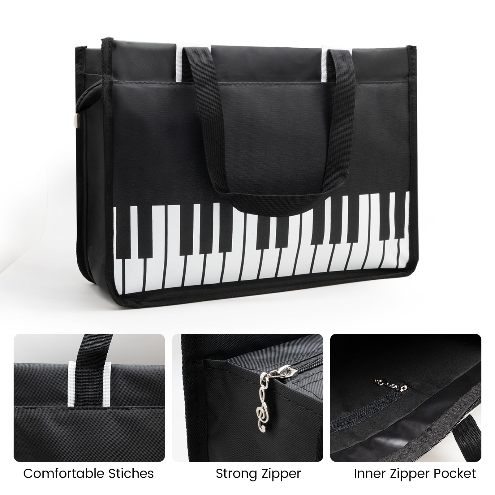 BestSounds Piano Bag, Zipper Waterproof Music Book Tote Bag Piano Accessories for Women, Gifts for Musicians Black - Image 2