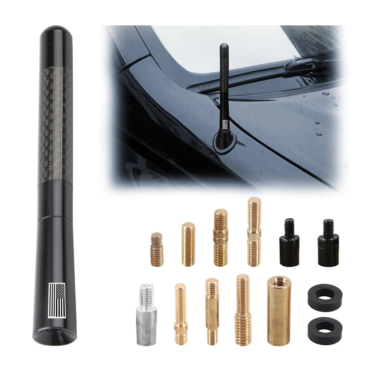 BESULEN Car Short Antenna, 4.7 Inch Carbon Fiber American Flag Aluminum Auto Radio Antenna for AM/FM Reception, Universal Replacement Car Antenna with 9 Adapters, 2 Screws, 2 Rubber Rings Black