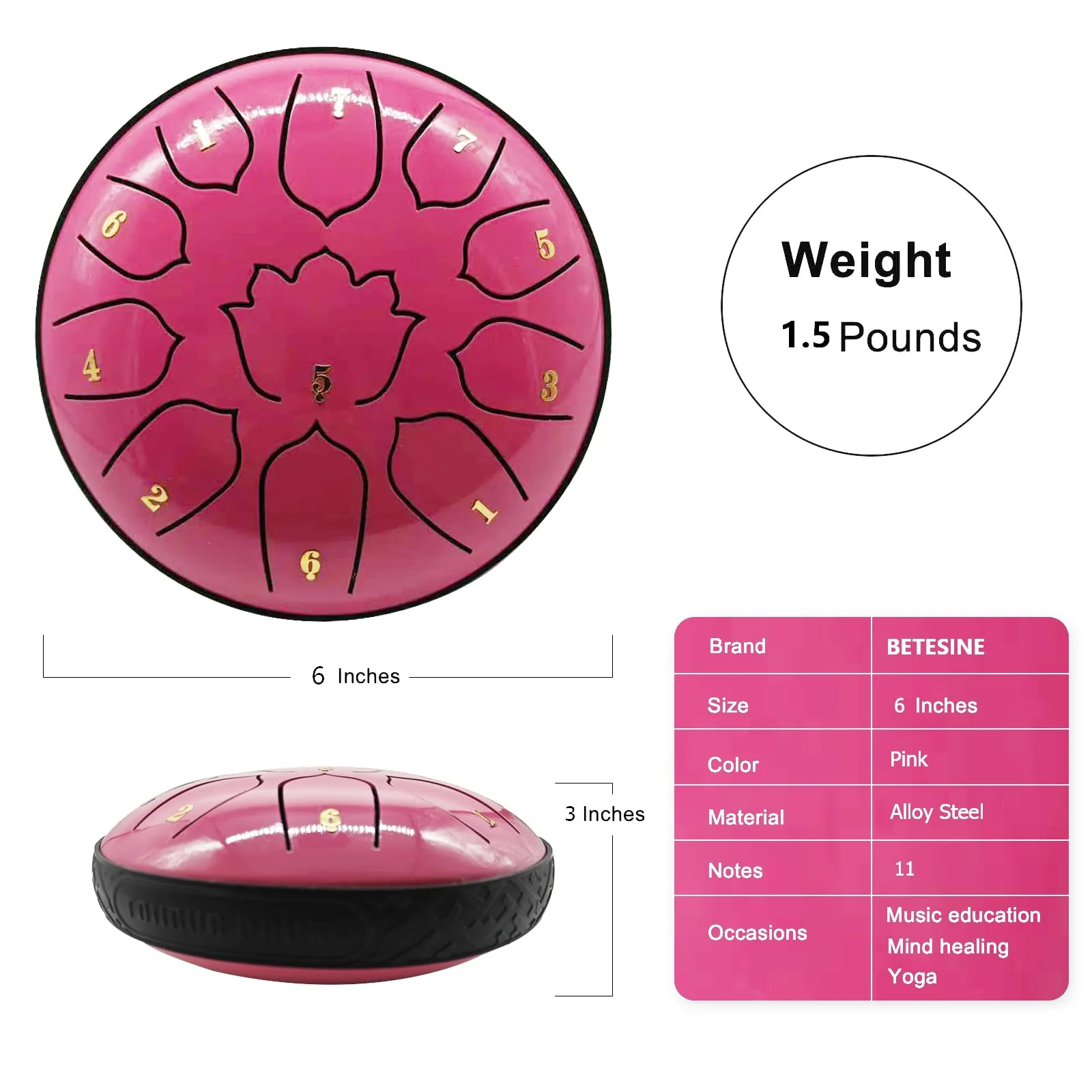 BETESINE 6-Inch 11-Note Steel Tongue Drum – C Major Handpan & Steel Drum for Music Practice and Relaxation – Includes Mallets, Music Book, and Carrying Bag (Rose Pink) Rose Pink 6 Inch 11 Notes - Image 3