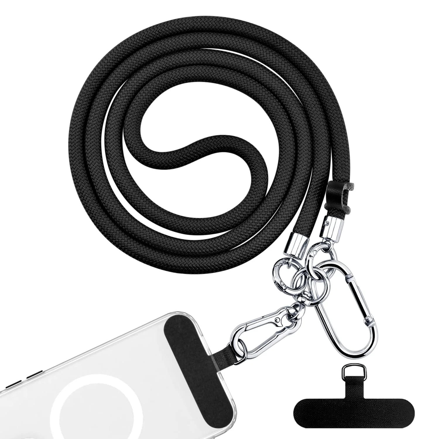 BFSD·DM Cell Phone Lanyard, Universal Crossbody Patch Phone Lanyards,2× Phone Patches,Nylon Phone Lanyards for Around The Neck,Compatible with Most Smartphones, anti theft(Black,48 inch) Black