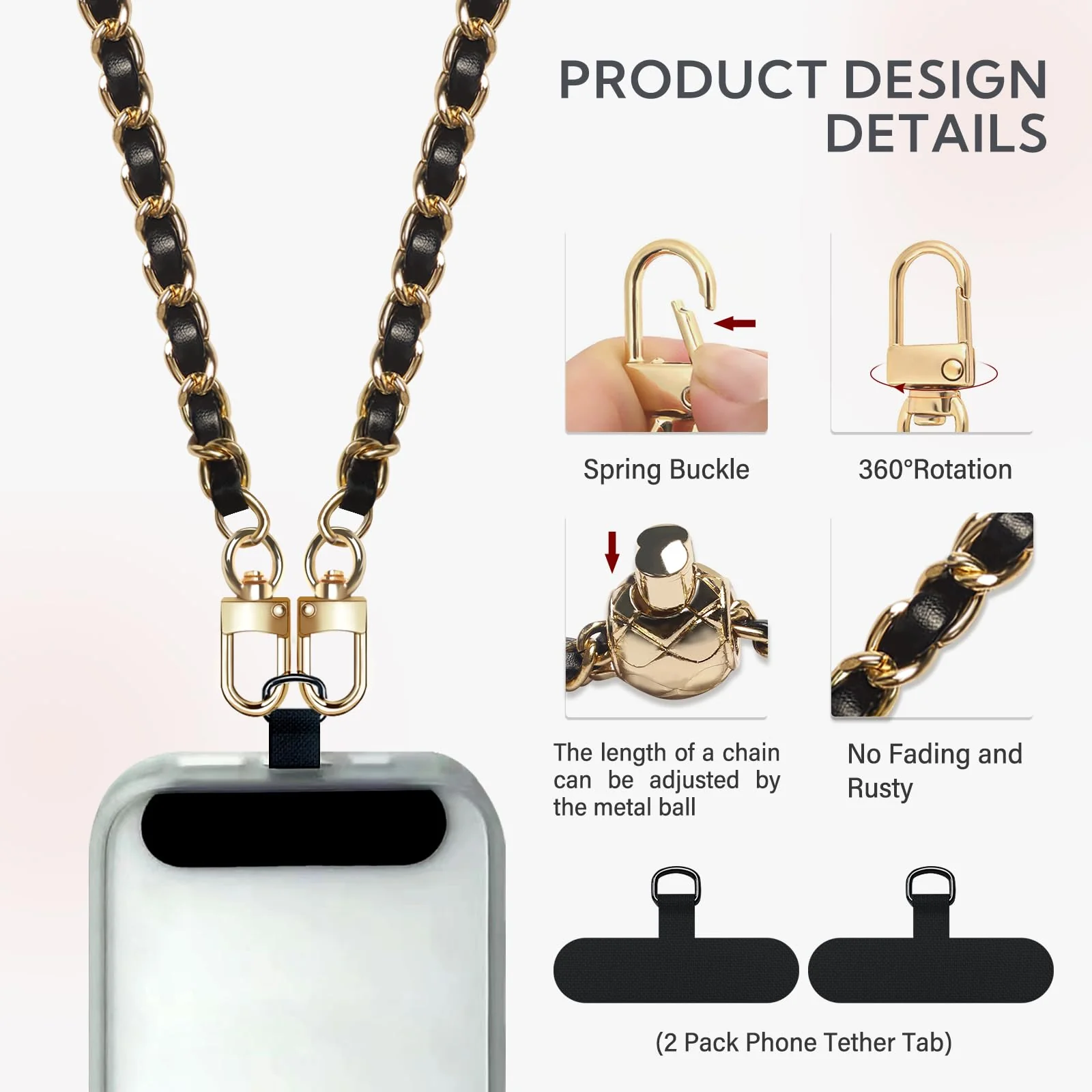 BFSD·DM Phone crossbody strap, 2× Pads,1× Leather Phone Strap,1× Phone Wrist Strap,1× Adjustable Finger Strap,Universal Crossbody Patch Phone Lanyards,Compatible with Most Smart, phone lanyard Gold/Black Adjustable - Image 3
