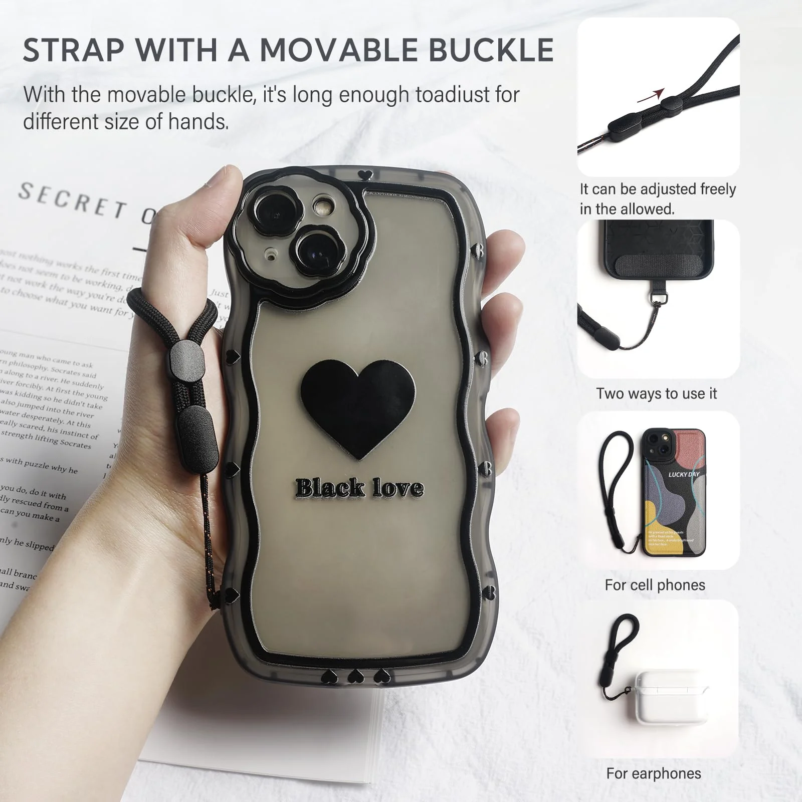 BFSD·DM Phone crossbody strap, 2× Pads,1× Leather Phone Strap,1× Phone Wrist Strap,1× Adjustable Finger Strap,Universal Crossbody Patch Phone Lanyards,Compatible with Most Smart, phone lanyard Gold/Black Adjustable - Image 4