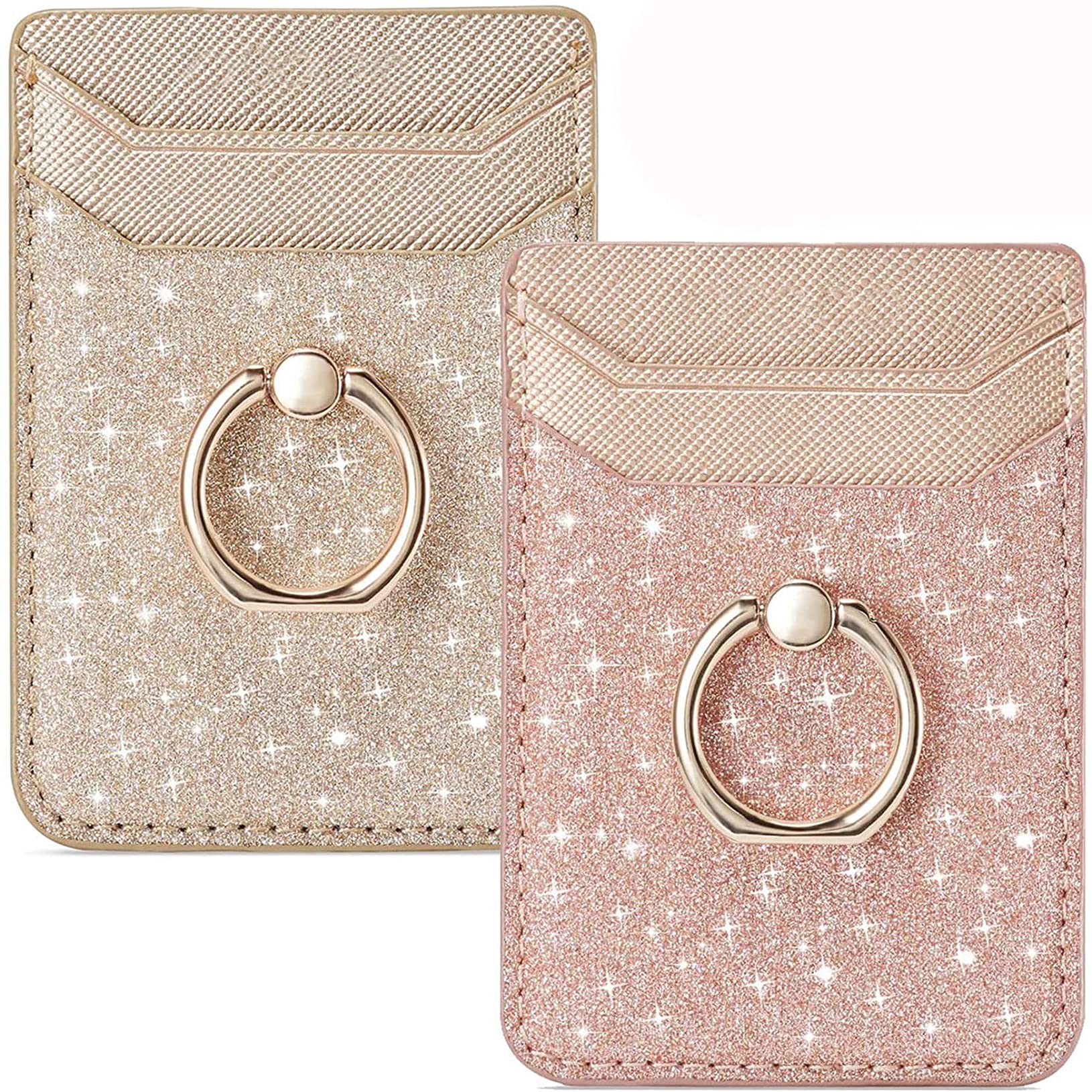 BIAJIYA Phone Card Holder RFID Leather Wallet Credit Adhesive Cell Case Stick-on Card Holder for Women and Men Back of Phone for Most of Smartphones RoseGold
