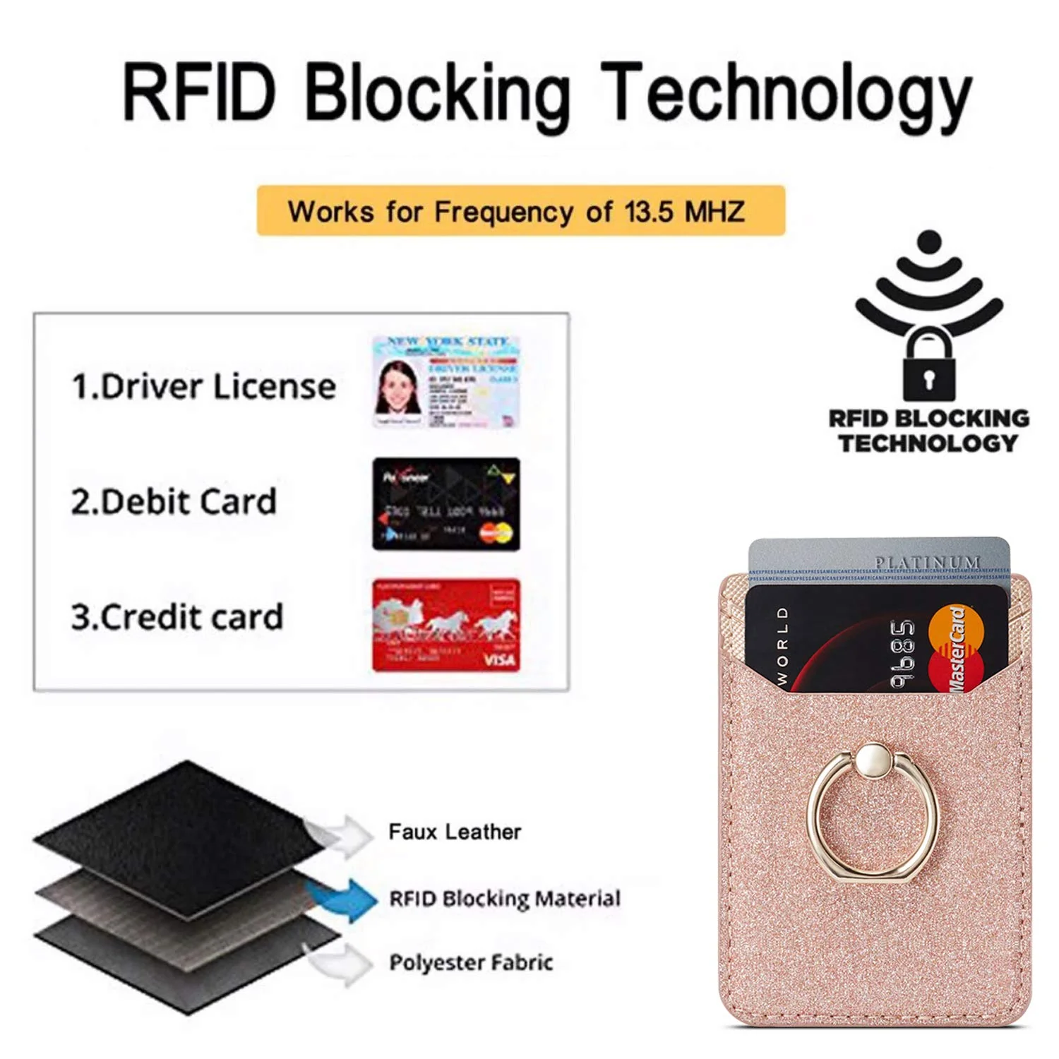BIAJIYA Phone Card Holder RFID Leather Wallet Credit Adhesive Cell Case Stick-on Card Holder for Women and Men Back of Phone for Most of Smartphones RoseGold - Image 2