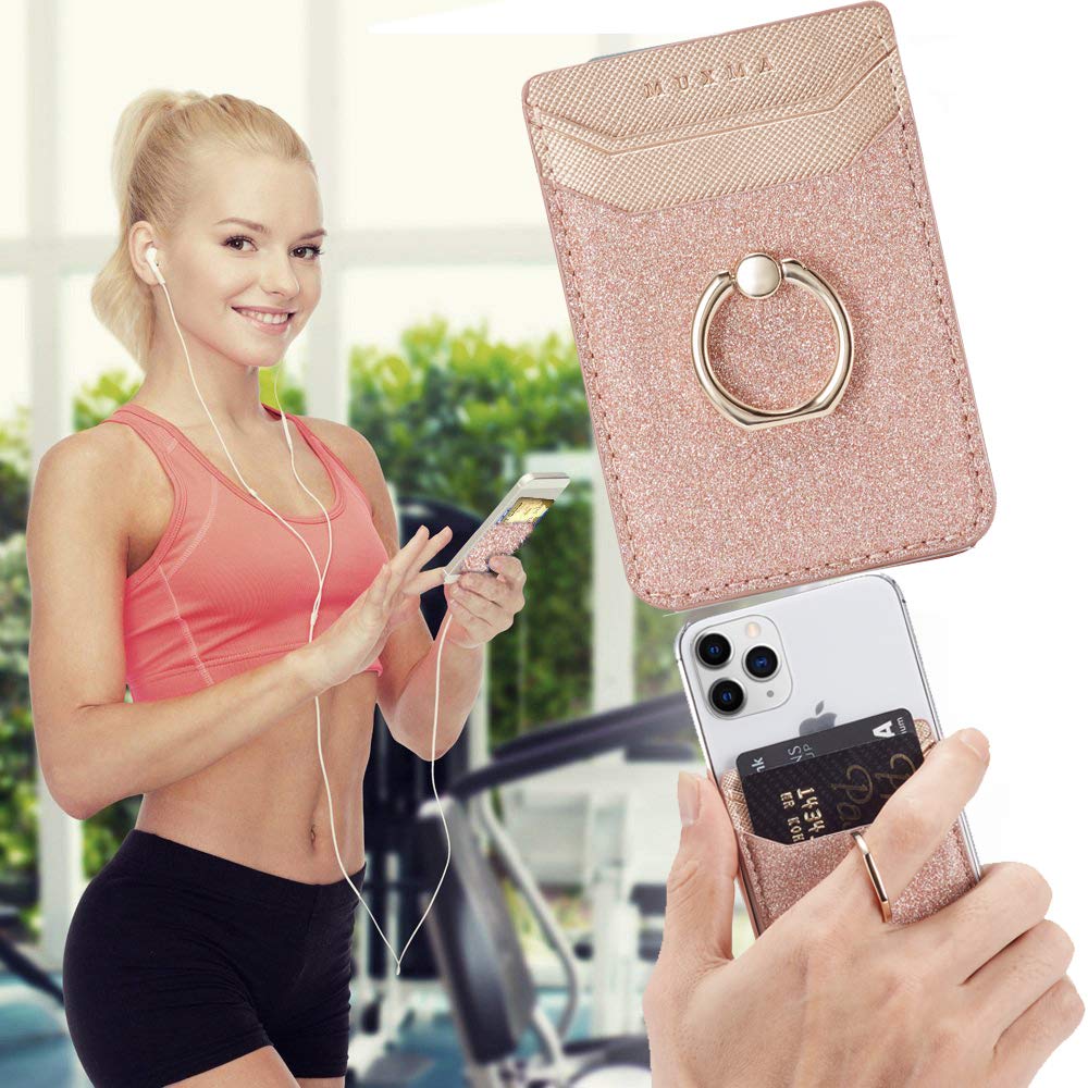 BIAJIYA Phone Card Holder RFID Leather Wallet Credit Adhesive Cell Case Stick-on Card Holder for Women and Men Back of Phone for Most of Smartphones RoseGold - Image 4