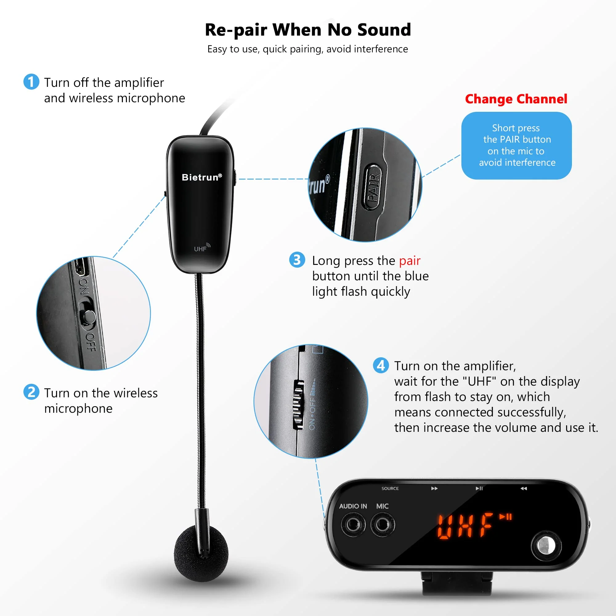 Bietrun Voice Amplifier for Teachers with Bluetooth, Portable Rechargeable Wireless Voice Amplifier with Headset Microphone Portable Megaphone Speaker for Teaching, Coach, Instructor, Tour Guide - Image 4