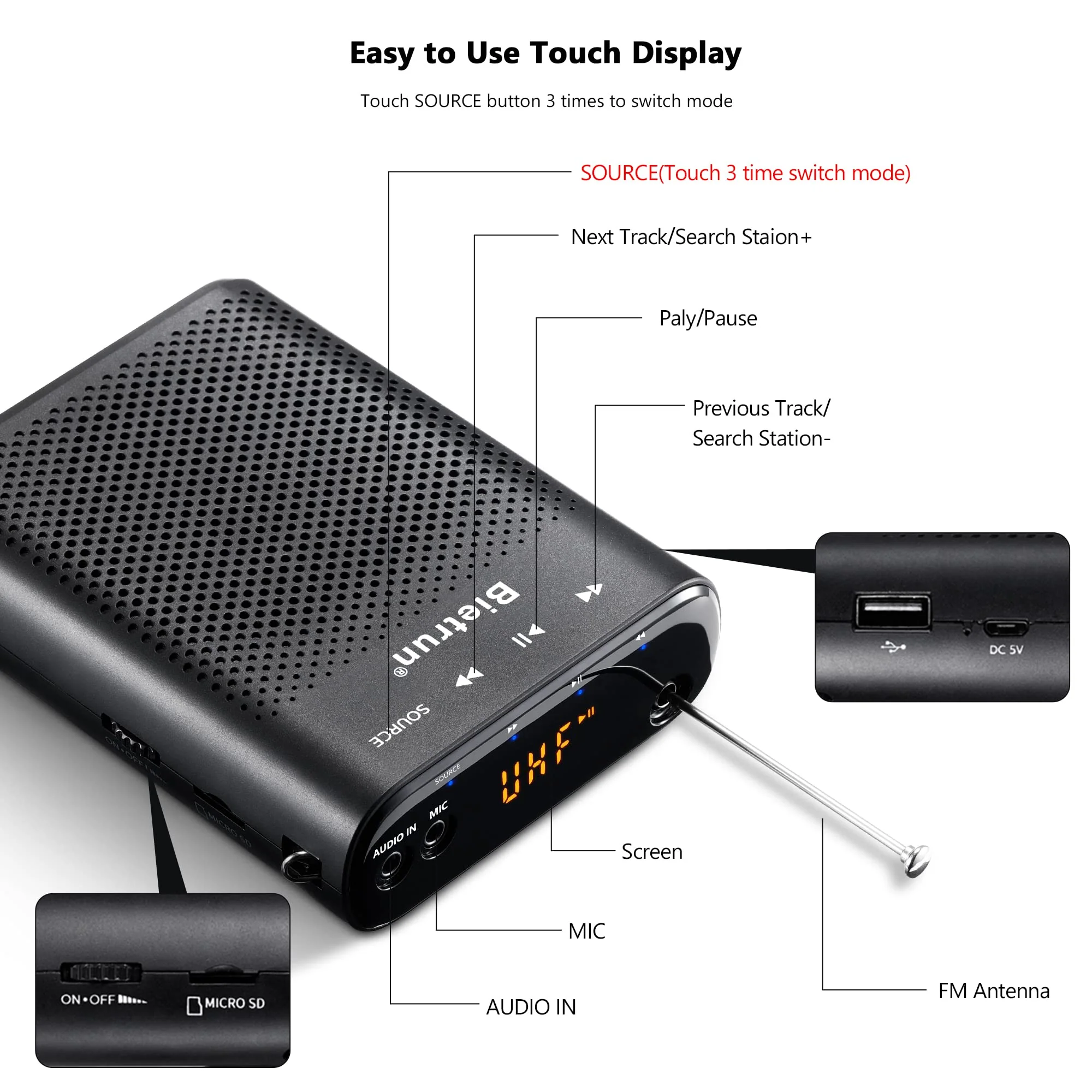 Bietrun Voice Amplifier for Teachers with Bluetooth, Portable Rechargeable Wireless Voice Amplifier with Headset Microphone Portable Megaphone Speaker for Teaching, Coach, Instructor, Tour Guide - Image 8