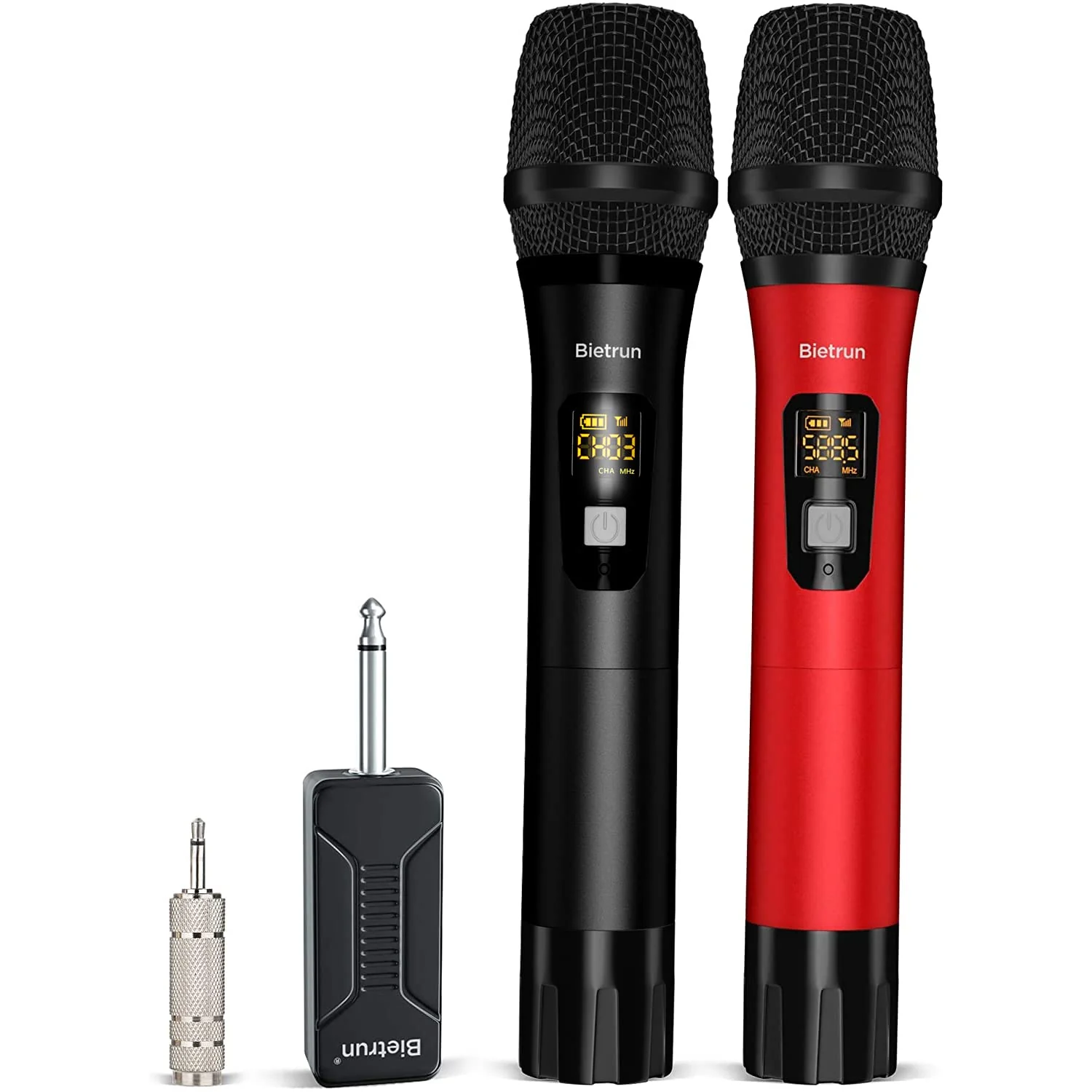 Bietrun Wireless Microphone Dynamic Mic System with Rechargeable Receiver, 1/4" Output, for Karaoke, Church, Speech, Wedding, Party Singing(160 ft Range)-Auto Connect Black Red