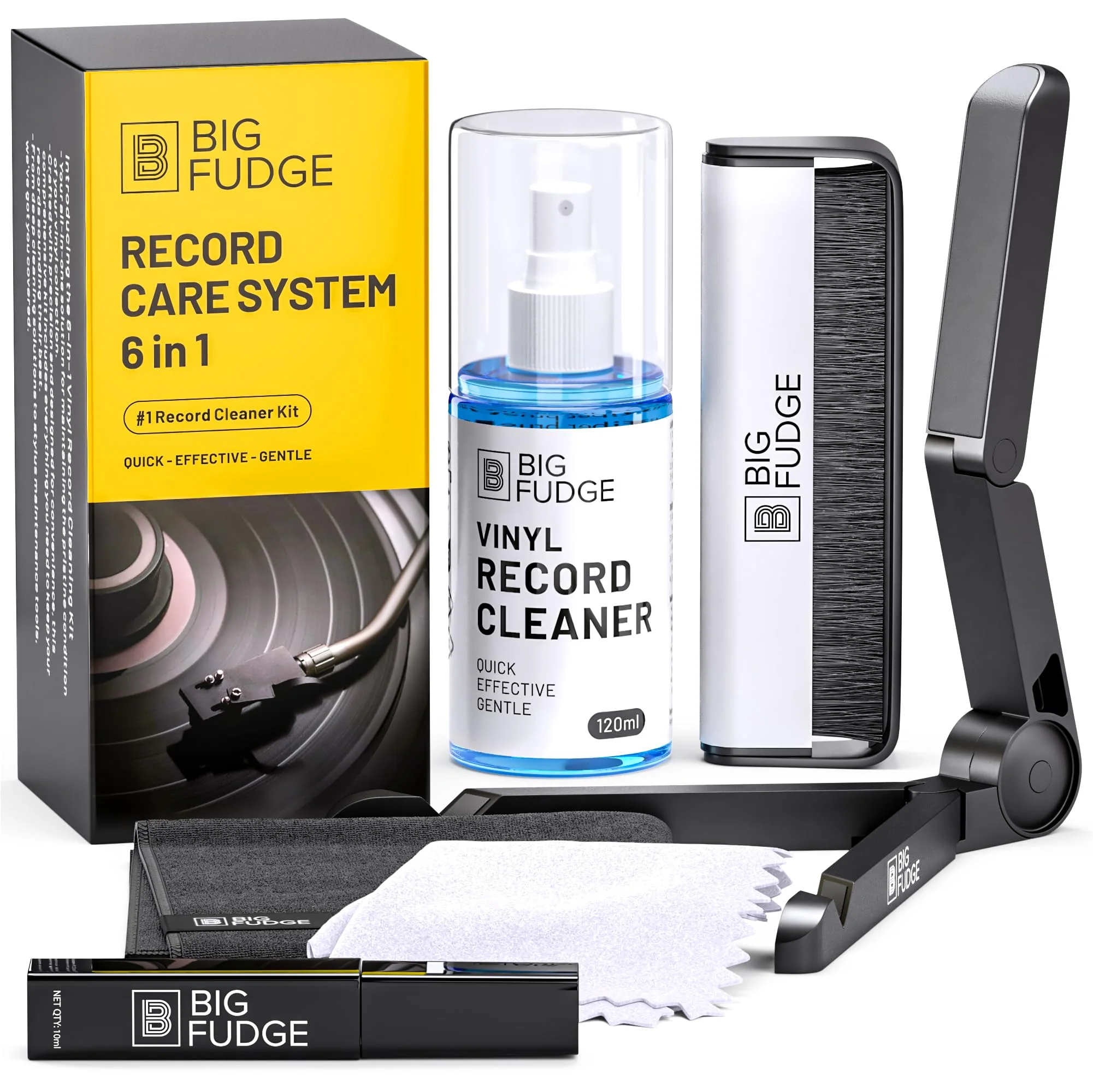 Big Fudge Complete Vinyl Record Cleaning Kit - 6-in-1 Vinyl Record Cleaner - incl. Carbon Fiber Record Brush, Stylus Cleaner, Drying Stand, Microfiber Cloth & Towel Cloth - Record Player Accessories