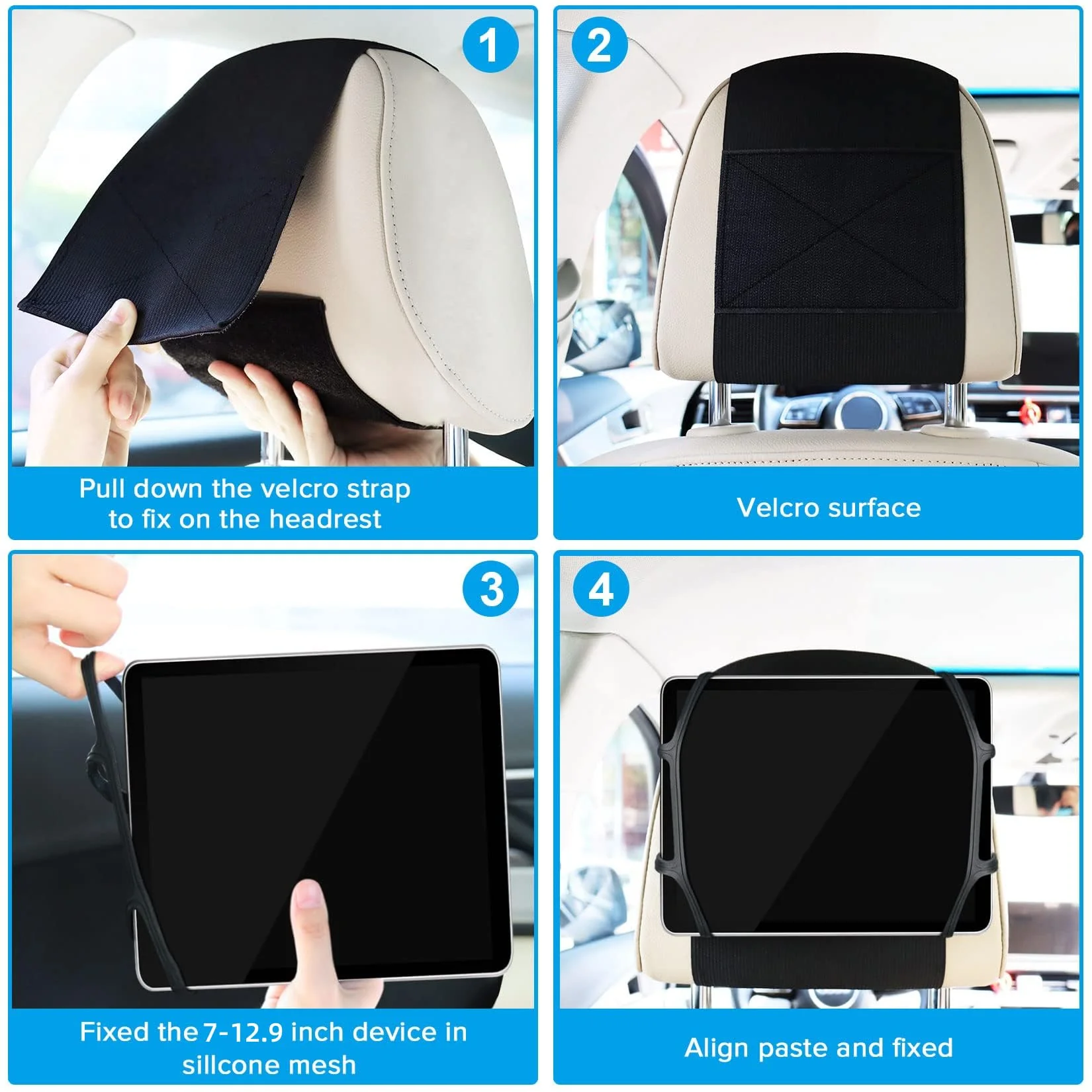 BIGASUO Car Headrest Mount Holder for Kids Tablet Holder for Car Backseat Anti-Slip Strap Holding Net Adjustable Angle Seat Mount Fits All 7 to 12.9 Inch Tablets 1 Pack - Image 6