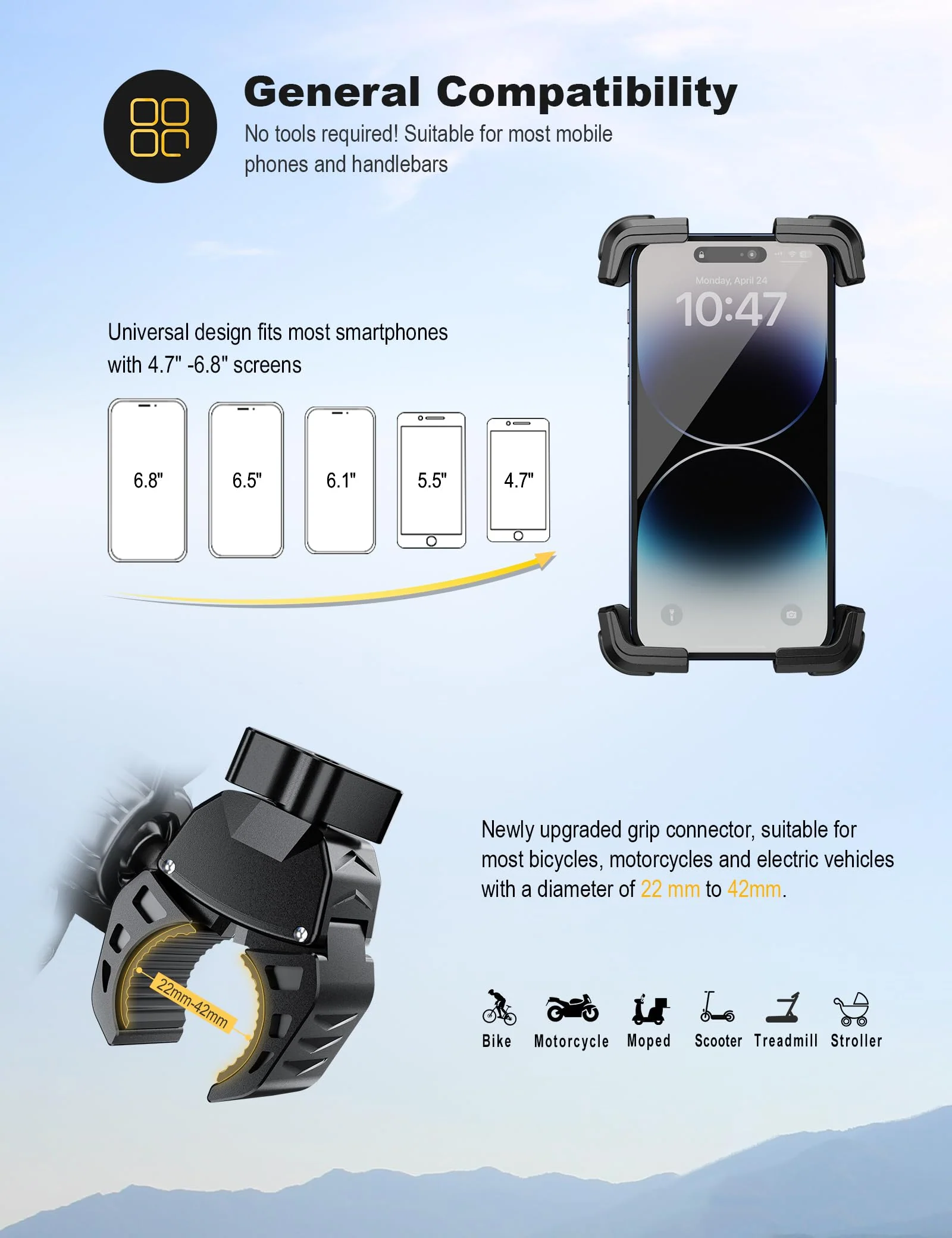 Bike Phone Holder Universal Motorcycle Phone Holder for Road Bike MTB Scooter with 360 Rotate for 4.7-7.2 Inch Smartphone - Image 4
