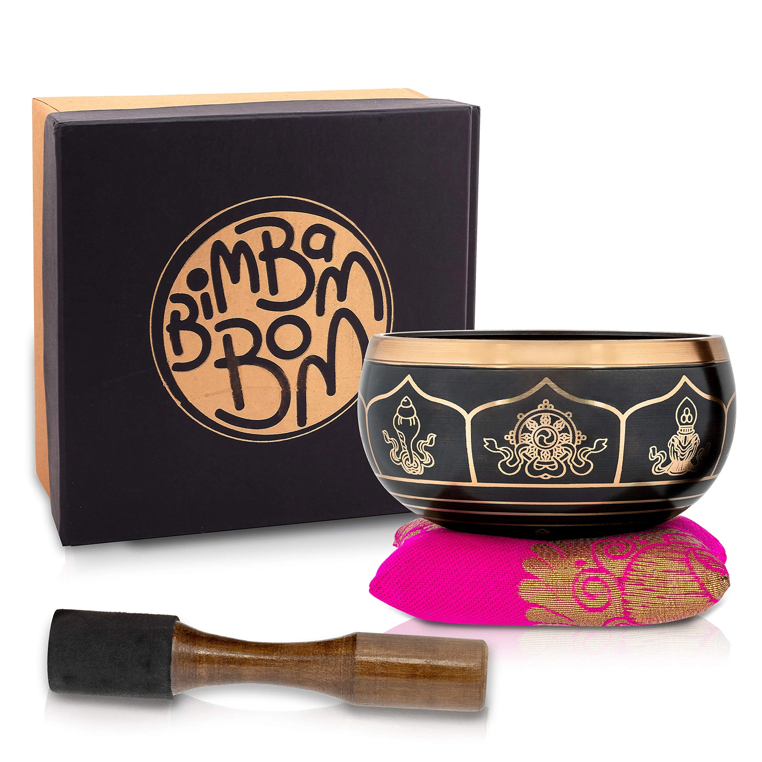 BimBamBom Singing Bowls – Hand Crafted Tibetan Singing Bowl w/Mallet & Cushion, Meditation Bowl For Yoga and Holistic Healing, Stress Relief, Brass 4” Auspicious Symbol Deep Sound Prayer Bowl Pink