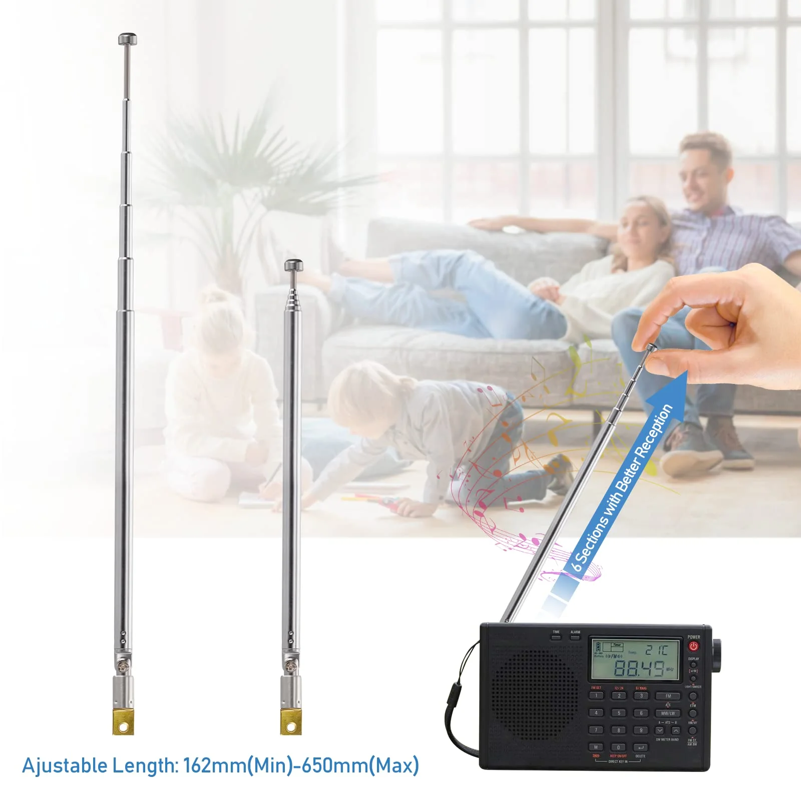 Bingfu 6 Sections Telescopic 65cm AM FM Antenna Portable Radio Antenna Replacement (2-Pack) Compatible with Indoor Portable Radio Home Stereo Receiver AV Audio Video Home Theater Receiver TV Tuner Foldable Telescopic Antenna - Image 6