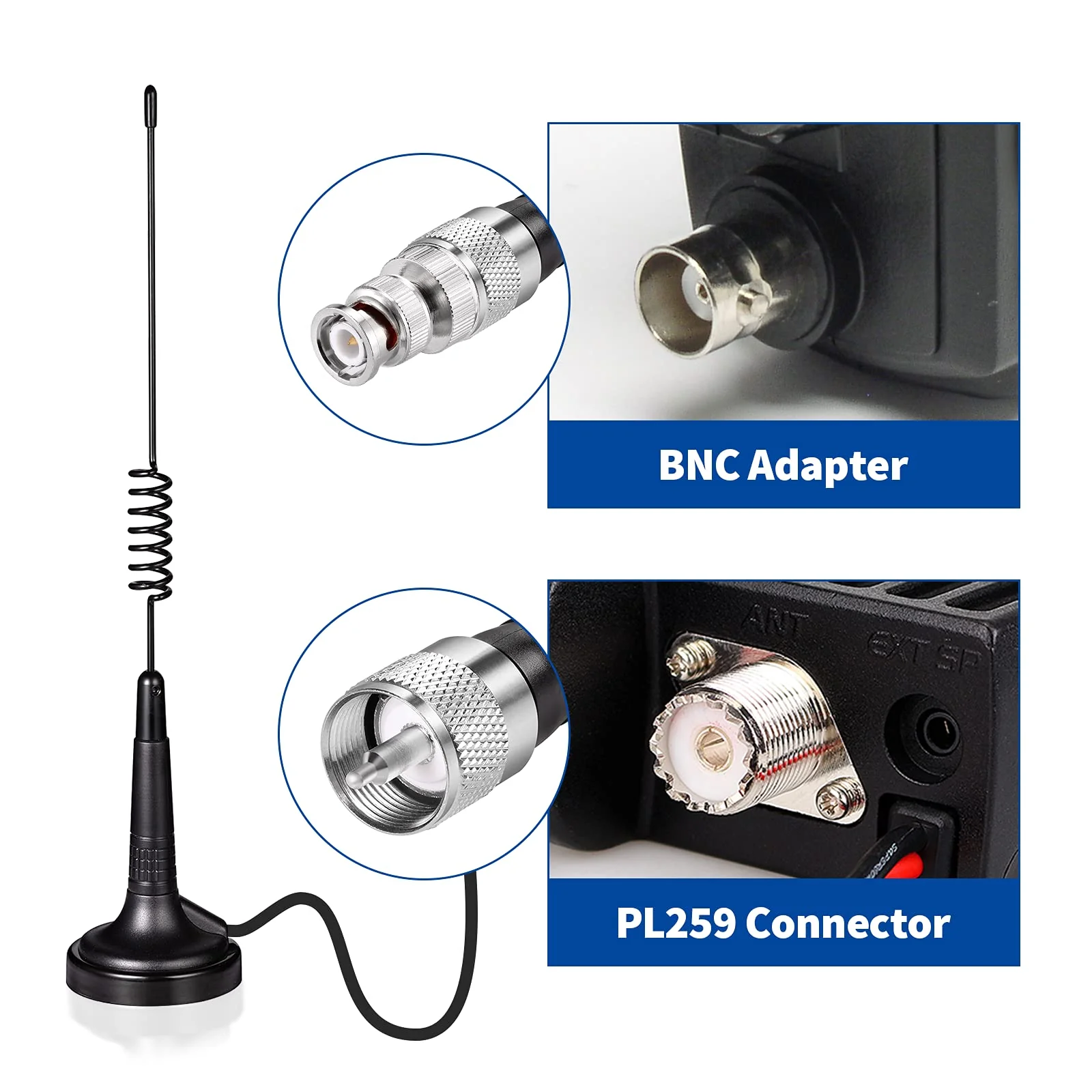 Bingfu CB Antenna 27MHz CB Radio Antenna Magnetic Base Handheld CB Antenna PL259 & BNC Male Compatible with Cobra Midland Uniden Maxon President Vehicle Car Truck Mobile CB Radio Handheld CB Radio - Image 4