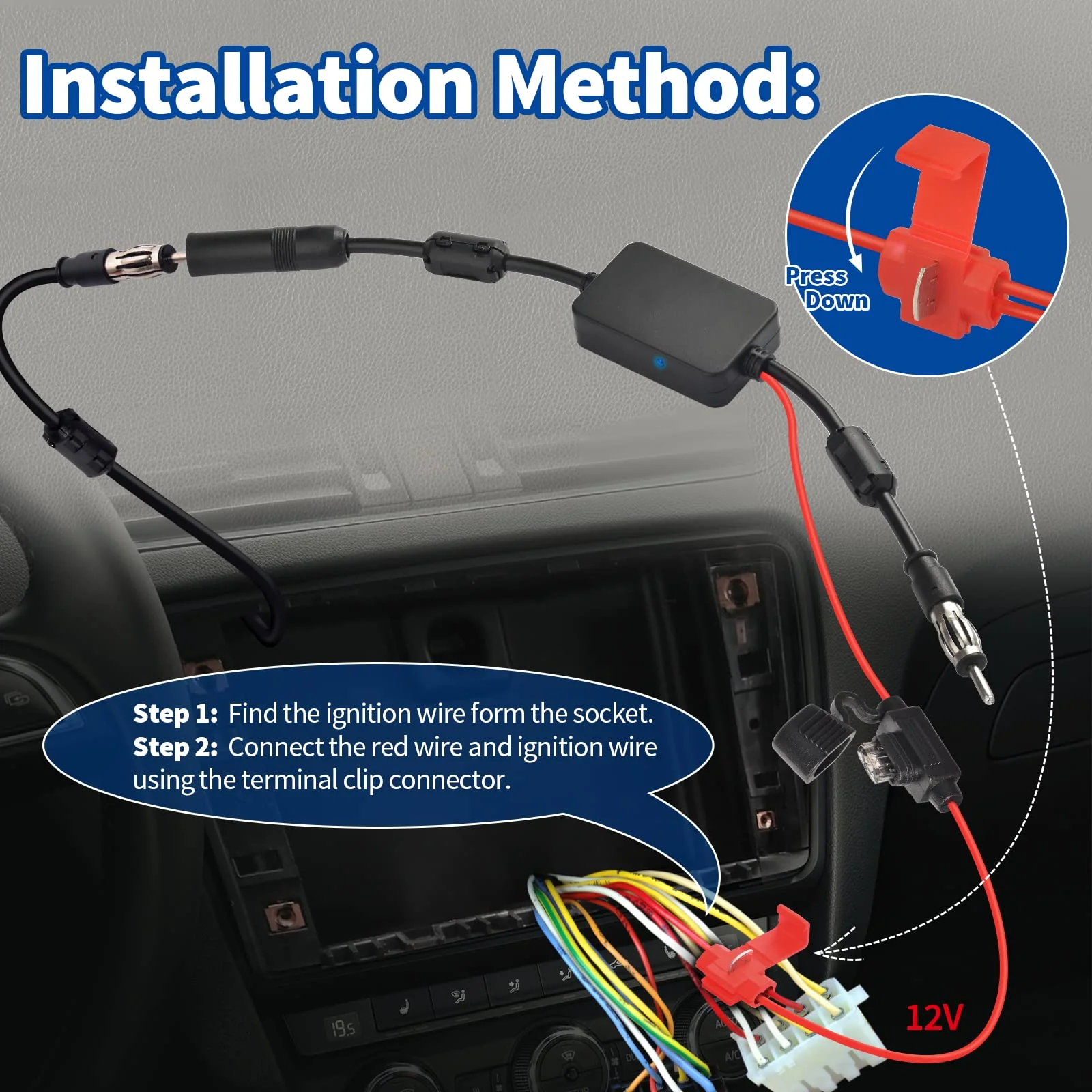 Bingfu Universal Car Stereo FM Radio Antenna Signal Booster Amplifier Amp,12V Power Supply DIN Plug Connector Adapter for Vehicle Truck SUV Car Audio Radio Stereo Media Head Unit Receiver - Image 2