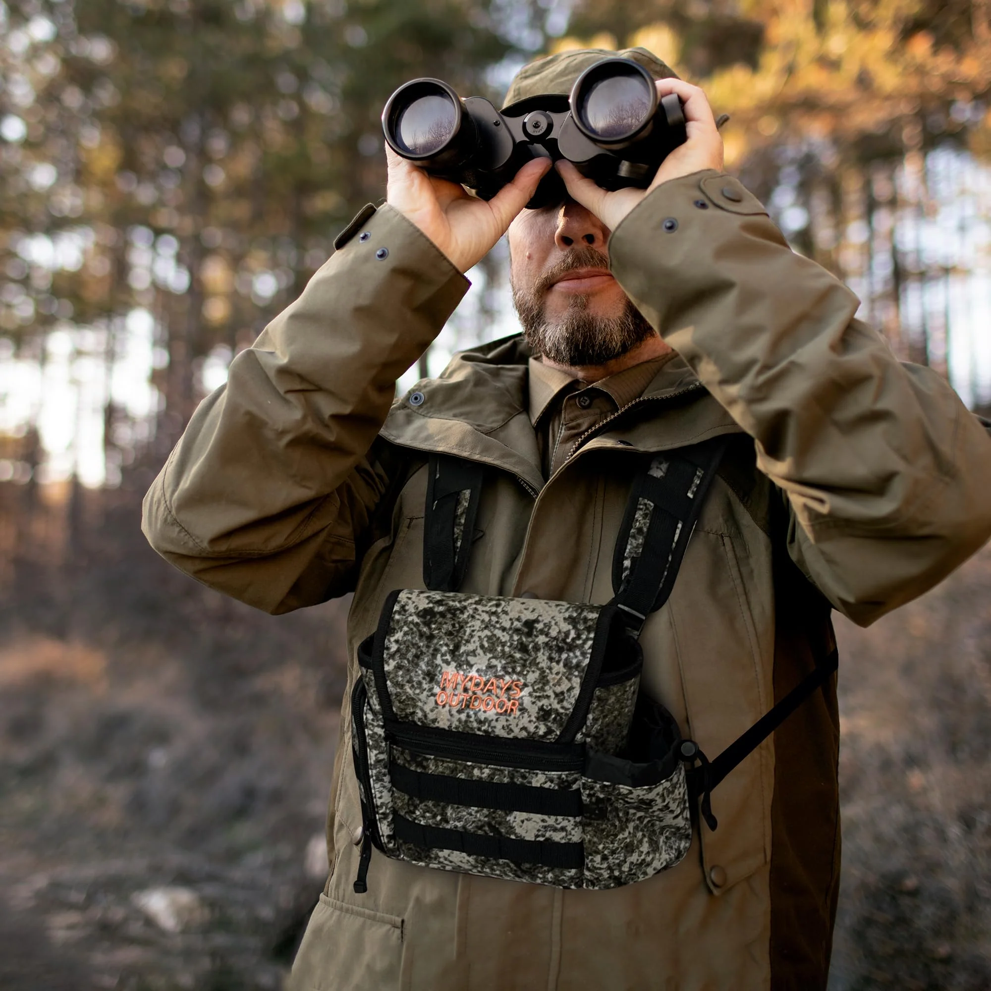 Binocular Harness Chest Pack, Bino Case with Rangefinder Pouch & Rain Cover, Bino Straps Secure Your Binoculars, Binocular Pack for Bird Watching, Hunting, Travel, Sports New Black Camo - Image 9