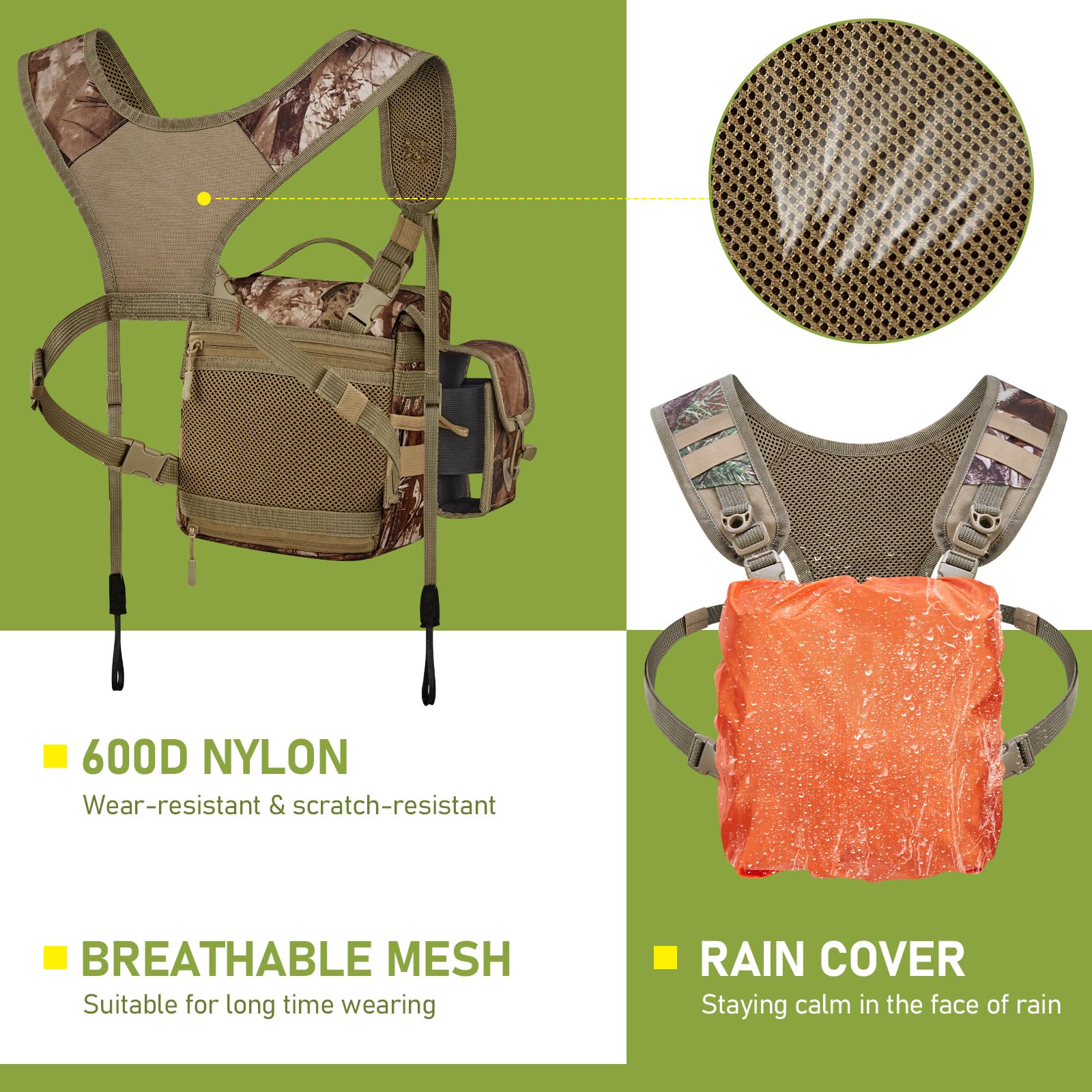 Binocular Harness Chest Pack with Rangefinder Pouch, Bino Harness with Rain Cover for Hunting Medium - Image 4