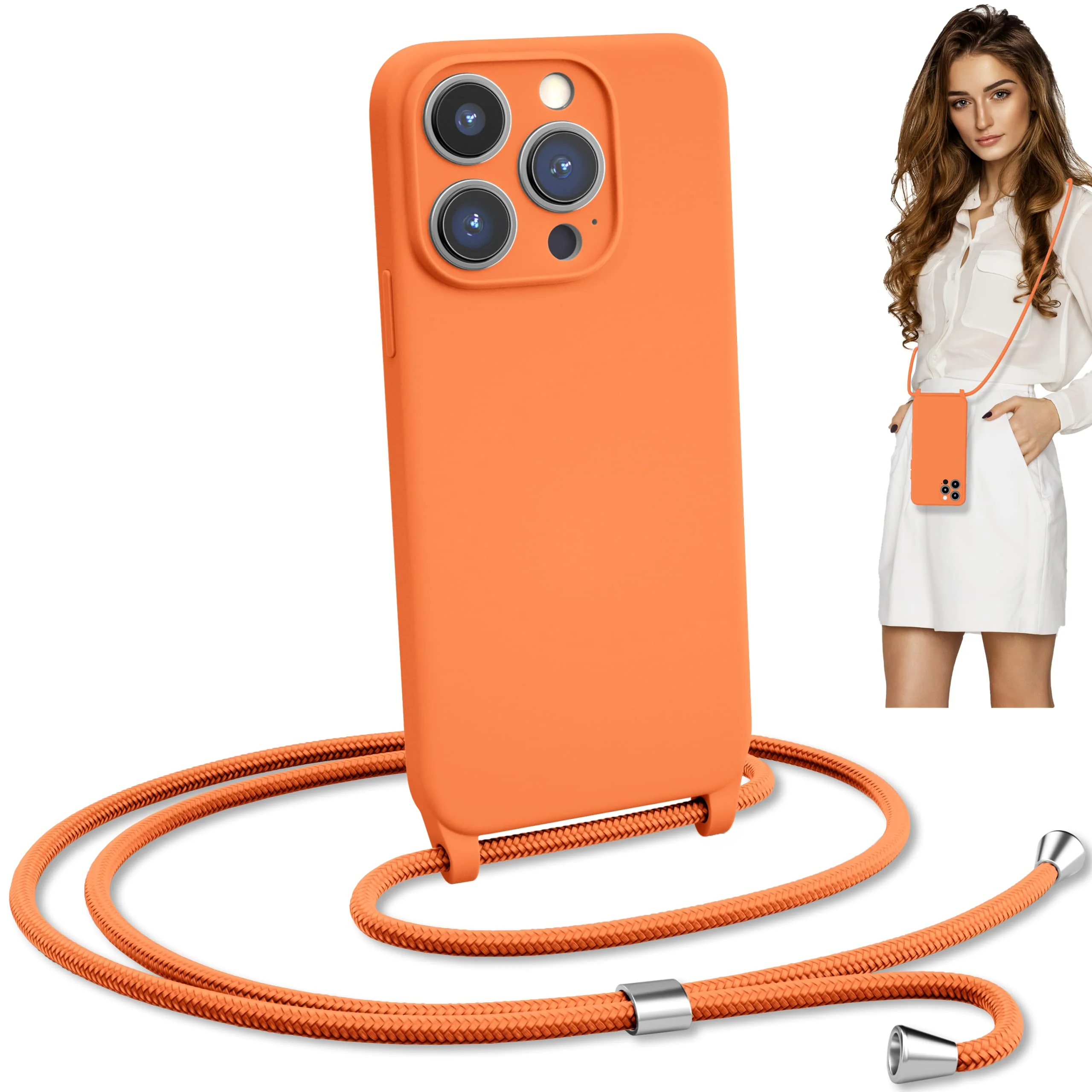 Blaspins Crossbody Lanyard Strap Case for iPhone 12, Neck Cross Body, Adjustable Holder Removable, Drop Protection Shockproof, Hands-Free Silicone Case Cover 6.1 inch, 150 cm Strap, iP12 - Orange